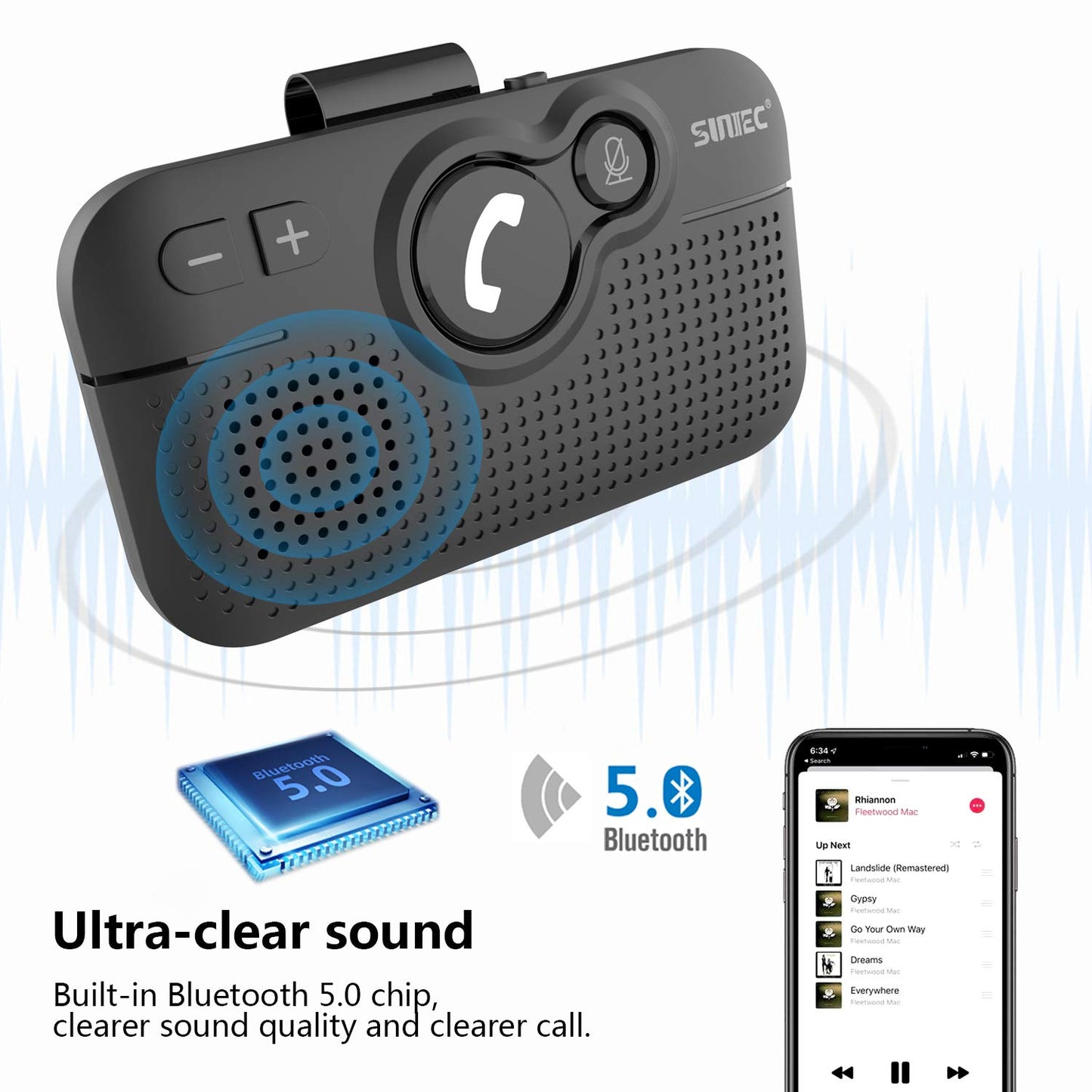 SUNITEC Hands Free Bluetooth for Cell Phone Car Kit, AUTO Power ON Bluetooth Phone Speaker for Car, Support Siri Voice Assistant Wireless in-Car Speakerphone with Visor Clip - BC980SA