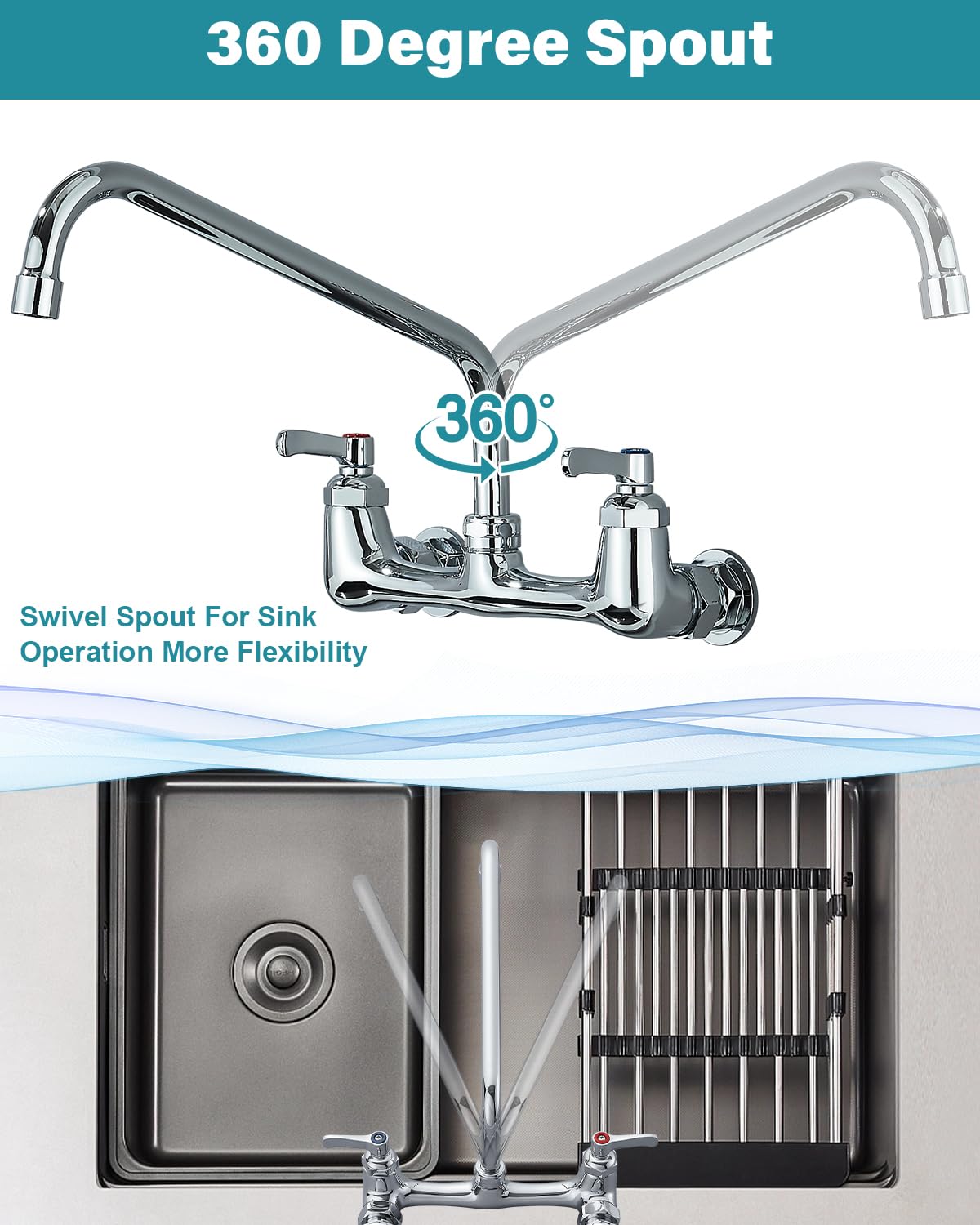 Gmusre Commercial Wall Mount Kitchen Faucet 8 Inch Center Kitchen Sink Faucet with 12 Inch Swivel Spout 2-Handle Faucets for Kitchen Home Restaurant,Chrome Polished