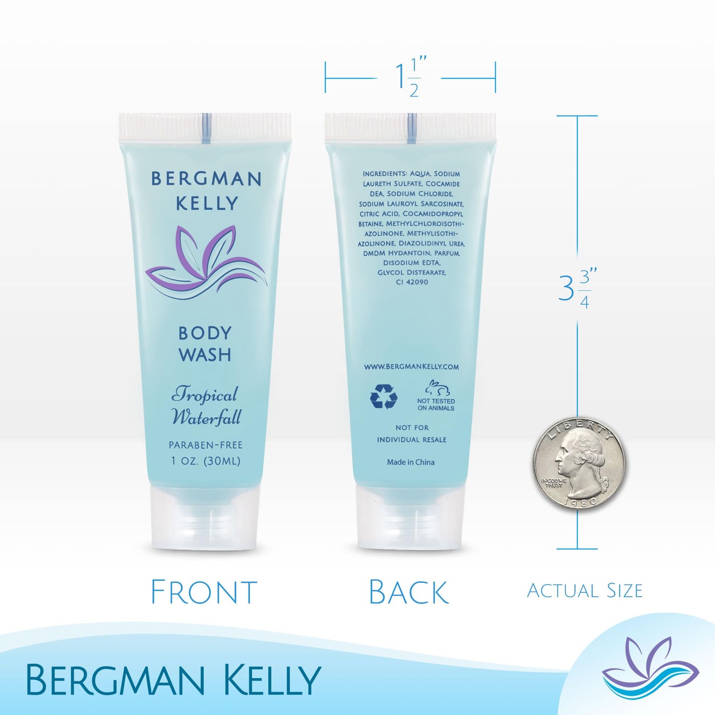 Bergman Kelly - Travel Size Body Wash - 30 ml, 200 PK, Tropical Waterfall - Delight Guests with an Invigorating and Refreshing Hotel Body Wash - Mini and Small Size Guest Hotel Toiletries in Bulk