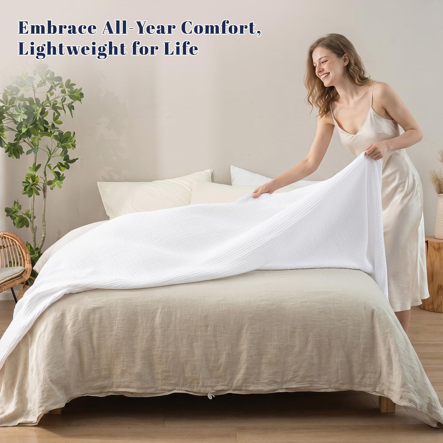 PHF 100% Cotton Muslin Blanket Queen Size 90" x 90", 4-Layer Lightweight and Breathable Blanket for Summer, Luxuriously Soft Gauze Bedding for Home Decor, White