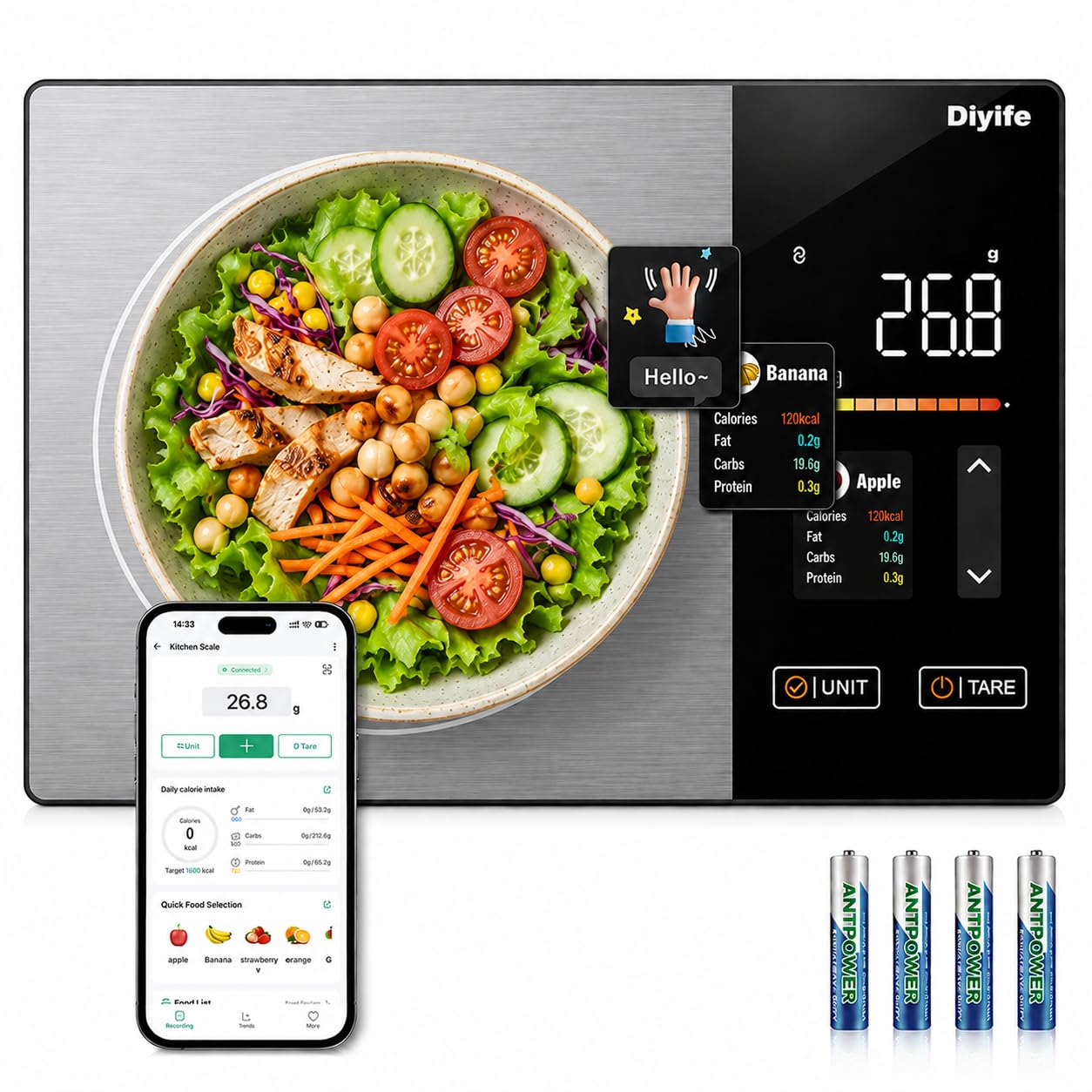 Smart Food Scale with Nutritional Calculator, [TFT Colorful Display] 5kg Nutrition Scale with App, 25 Nutrients Tracking, Calorie, Macro, Keto, Weight Loss, Tare, 5 Units for Meal Prep & Baking