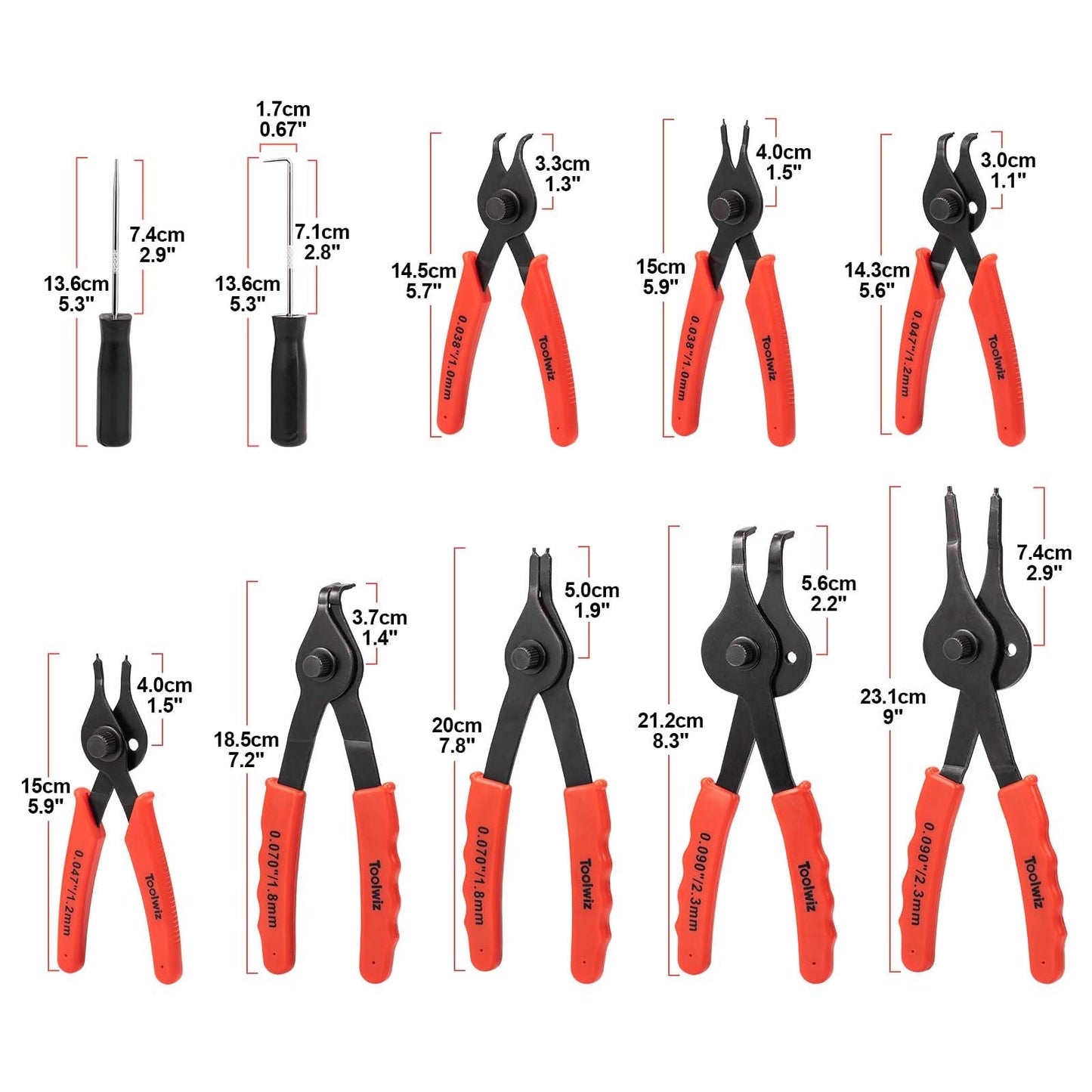 Toolwiz Snap Ring Pliers Set, 10 Pcs Internal & External Retaining Ring Circlip C Clip Pliers, Heavy Duty Bent Straight Automotive Tools, Include Hook, Pick, and Storage Case