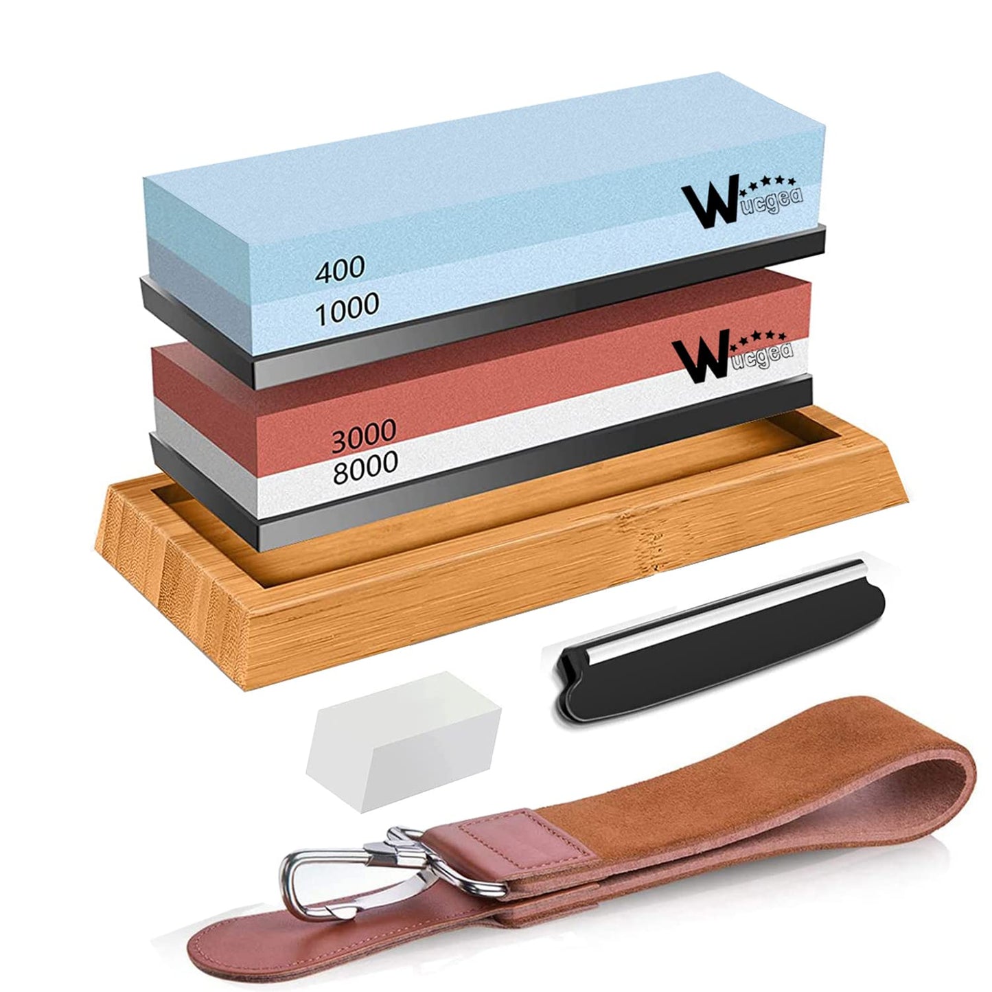 Wucgea Knife Sharpening Stone Kit - 400/1000 3000/8000 Grit Japanese Whetstone Sharpener Set with Non-Slip Rubber Base Angle Guide Flattening Stone and Leather Strop…