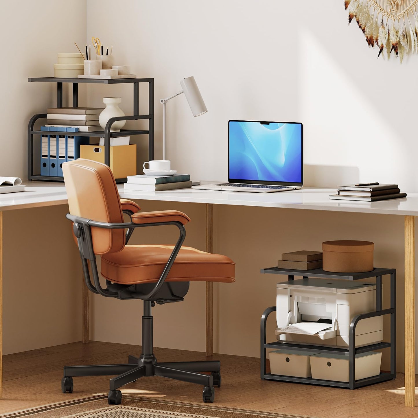 HOOBRO Printer Stand, 3-Tier Desktop Printer Table, Under Desk Storage Office Organizer, Storage Rack with Adjustable Shelf, for Home Office, Kitchen, Living Room, Black BB06PS01