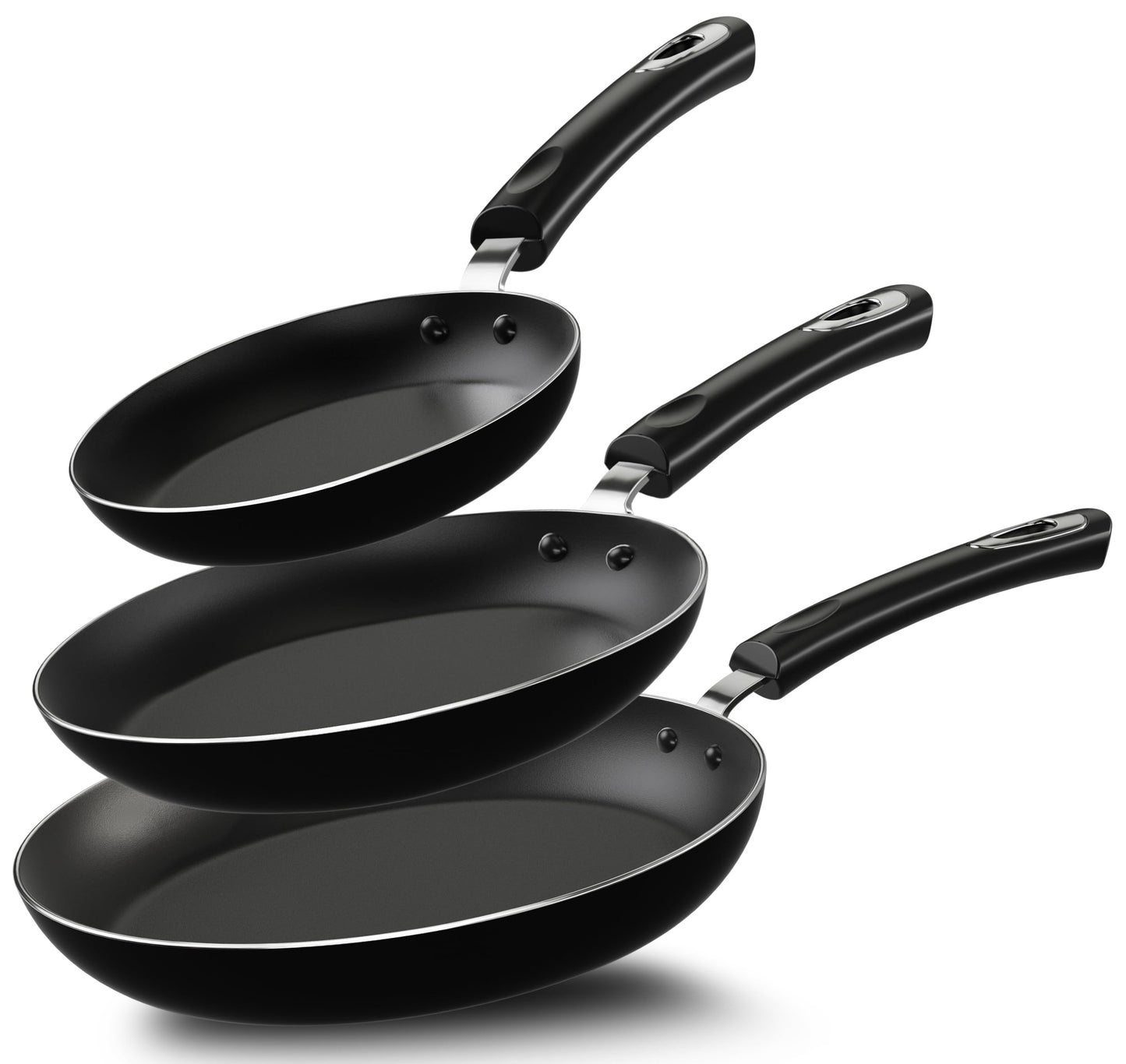 KICHLY Nonstick Frying Pan Set, 3 Piece Induction Bottom Chef's Pan, 8 Inches, 9.5 Inches and 11 Inches Cookware Set, Black