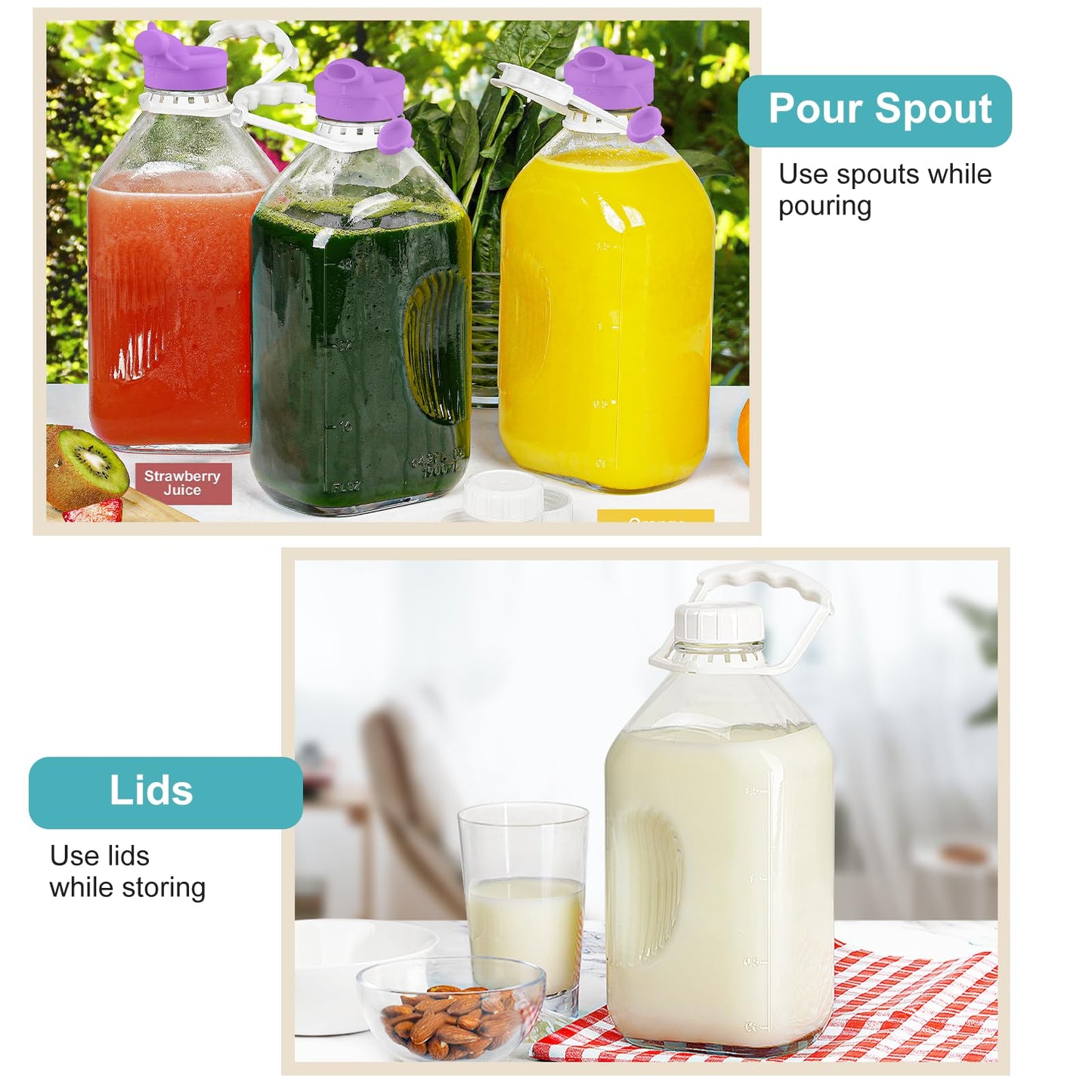 2 Pack 64 Oz Heavy Duty Glass Milk Jugs with 2 Spouts and Reusable Airtight SCREW LID - 2 Qt Water Bottle with Handle - Water Pitcher with Lid - 1/2 Gal Glass Jars with Scale Lines