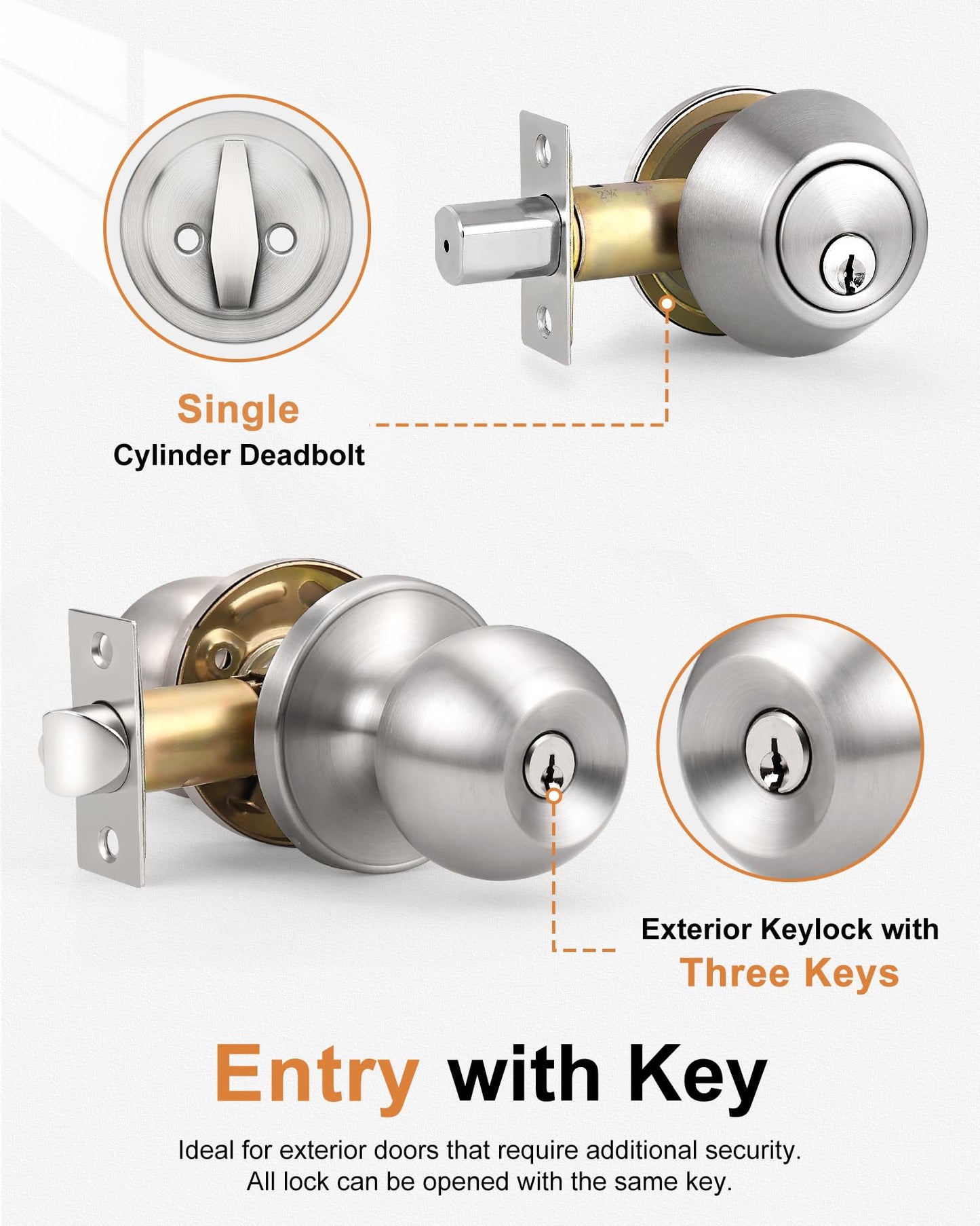 Probrico 2 Sets Front Exterior Door Knob Set with Single Cylinder Deadbolts Satin Nickel,Round Entry Door Knobs with Dead Bolts Combo Pack, Keyed Alike Door Hardware, Contractor Pack