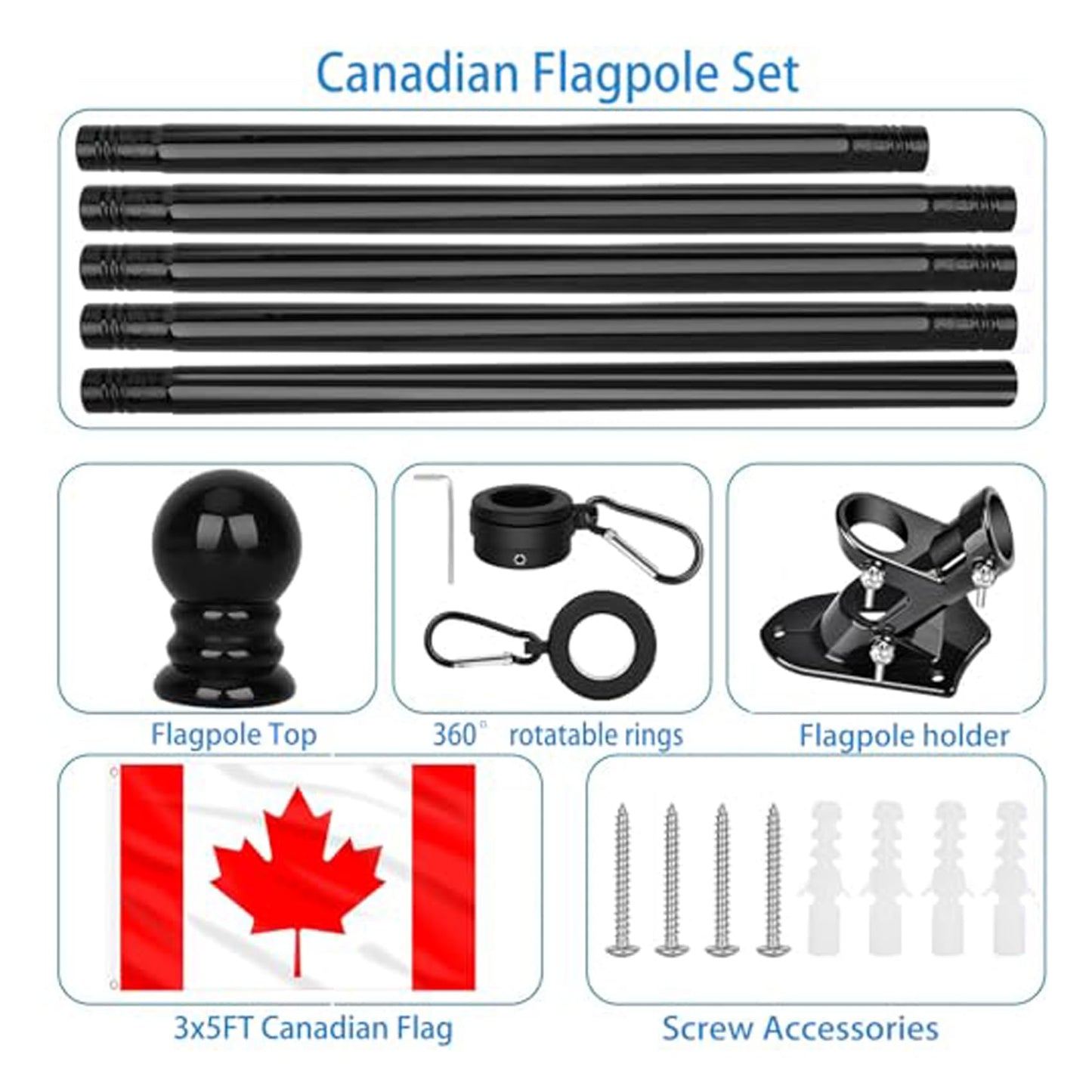 Patriot Premium 6ft Canadian Flag Pole Kit, Stainless Steel, 360° Tangle-Free Design with Mounting Bracket, Garden and Patio Display Set