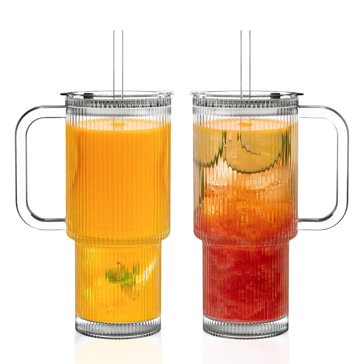 KEMORELA 26oz Ribbed Glass Tumbler with Handle & Lid, 2-Pack Clear Large Iced Coffee Cups with Straws, Spill Proof Glass Mug for Cold & Hot Beverages, Travel Cup for Smoothies, Tea, and Juice