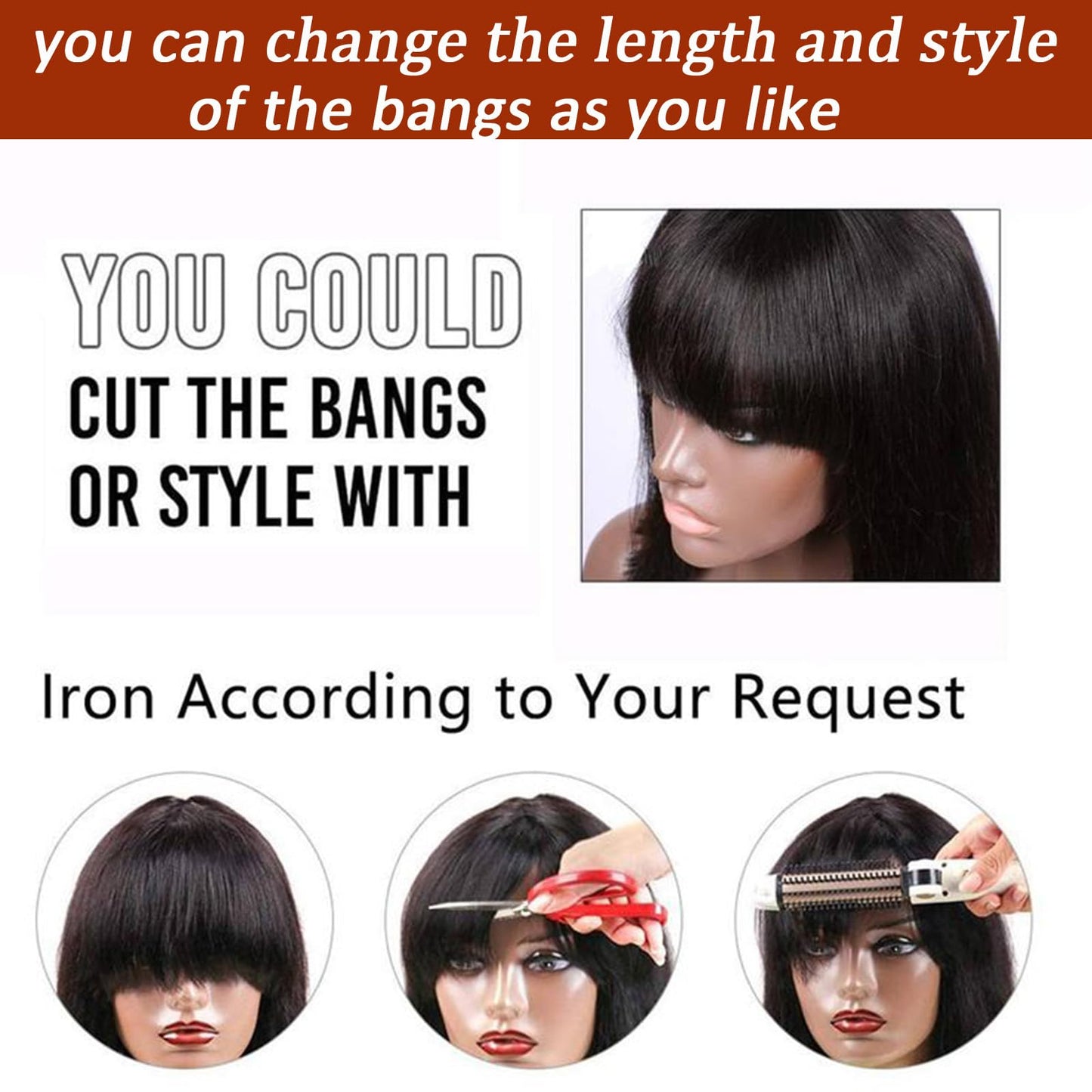 Bob Wig with Bangs Human Hair 180 Density 3x1 Lace Straight Bang Bob Wig Human Hair Glueless Realistic Look For Women Upgraded Machine Made Middle Part（8 Inch）