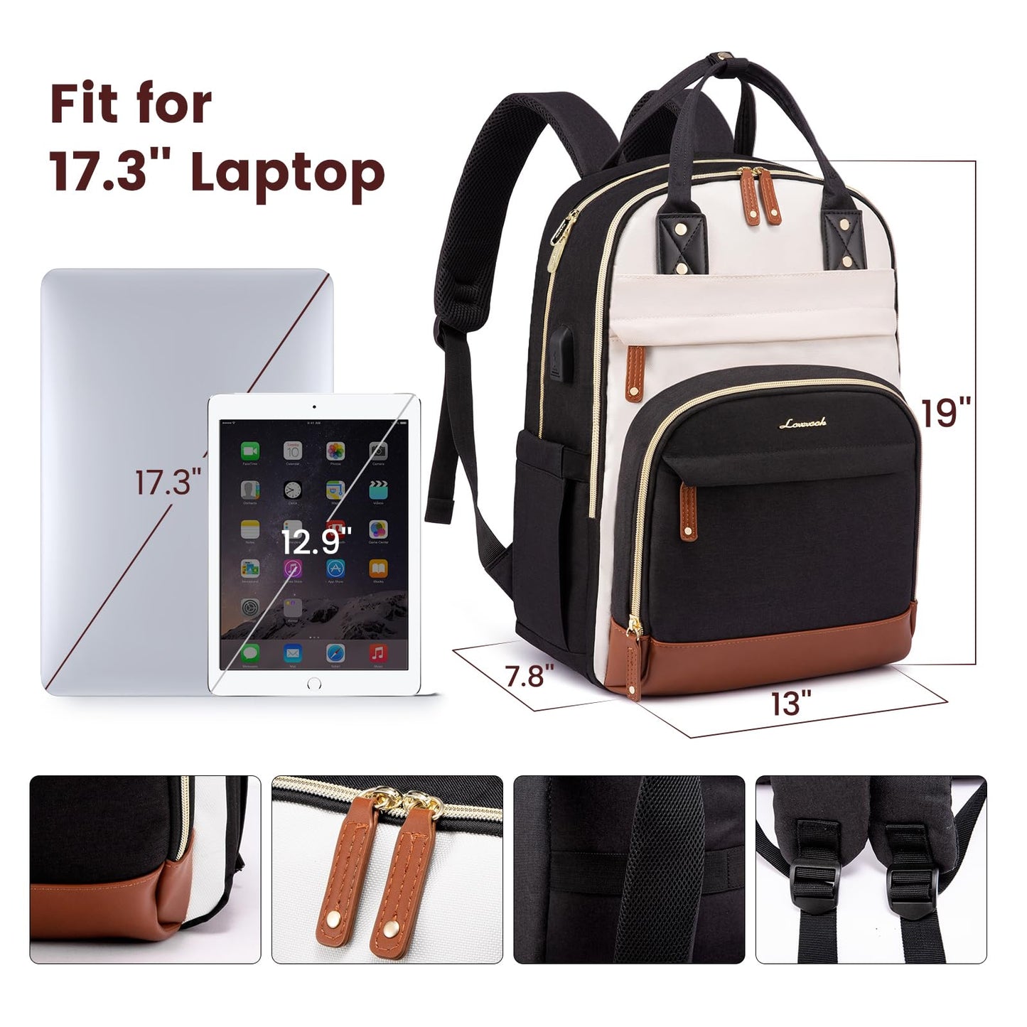 LOVEVOOK Laptop Backpack for Women, Travel Backpacks Work Bags, Backpack Purse, Business Computer Bags with USB, Waterproof, Fits 17 Inch Laptop Bag, Beige-Black-Brown