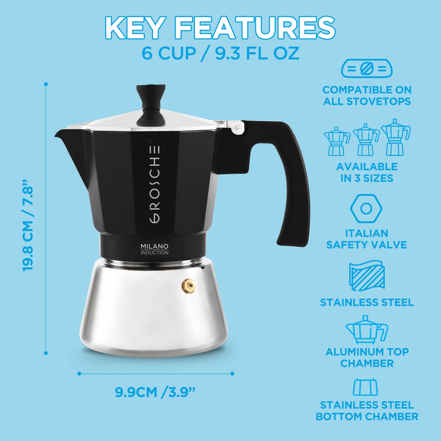 GROSCHE Milano Induction Stovetop Espresso Maker Moka Pot for Greca, Induction, Electric & Gas Stoves, Stovetop Espresso Maker, Canadian Brand! | 6 Espresso Cup, Black