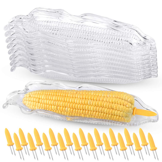 9 Pcs Corn Trays with 20 Pcs Corn Holders on The Cob Skewers Transparent Plastic Corn Dishes Corn Holders Cob Dinner for Sweet Butter Corn