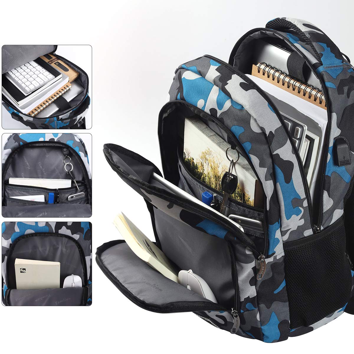 YAMTION 17 Inch School Backpack for Teen Boys,Travel Laptop Bookbag for High School College Backpack with USB,Camouflage Blue