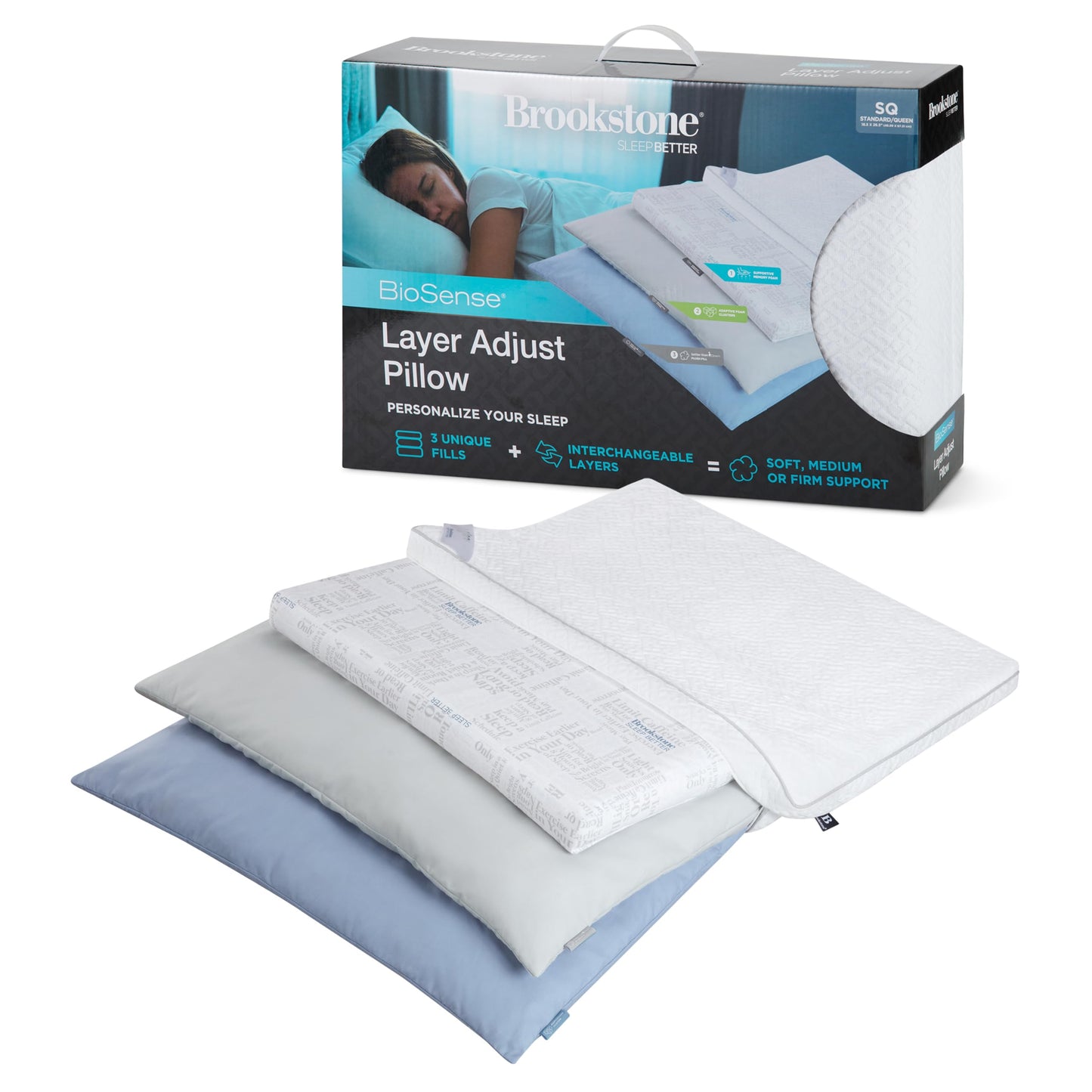 Brookstone Layer Adjustable Pillow | L Shape Zipper Allows 3 Adjustable Layers of Foam Clusters for Firm, Medium or Soft Pillow for Sleeping | 15 Combinations of Layers for Desired Support & Comfort