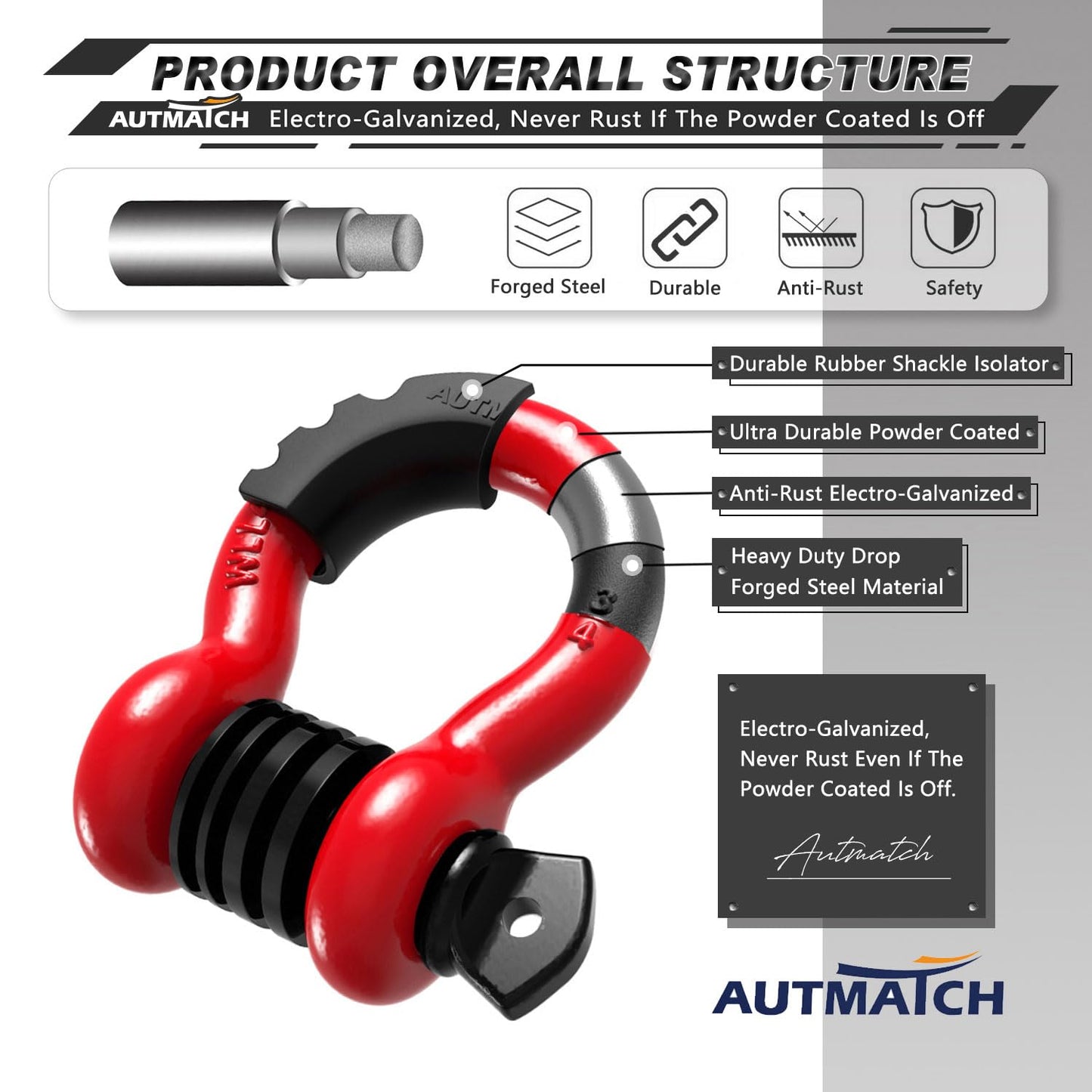 AUTMATCH D Ring Shackle 3/4" Shackles (2 Pack) 41,887Ibs Break Strength, Clevis Shackles with 7/8" Screw Pin and Shackle Isolator Washers Kit for Tow Strap Winch Off Road Vehicle Recovery, Red & Black