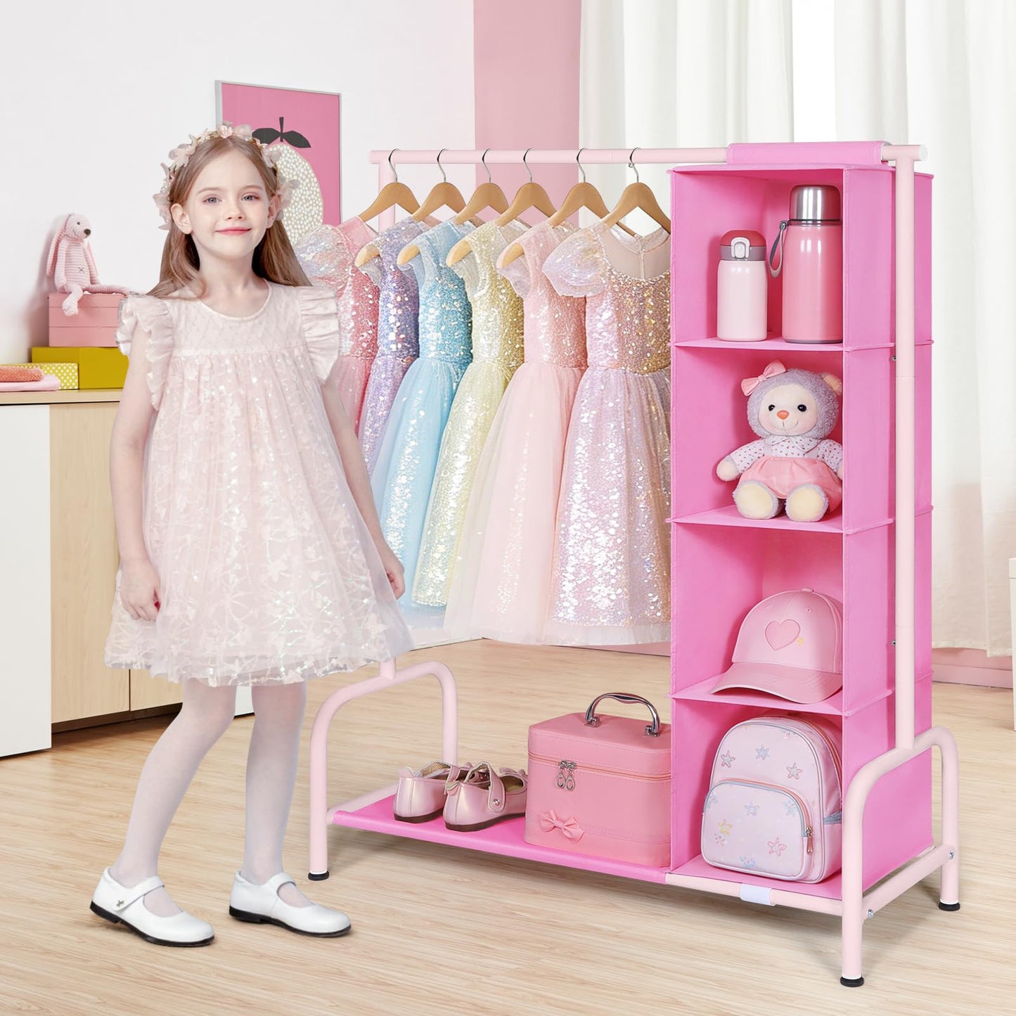 Univivi 43 inch Kids Clothing Rack with Hanging Organizer,Toddler Dress Up Storage Rack for Baby Clothes,Dance Costumes,Kids Wardrobe Closet for Hanging Clothes,Pink/Pink