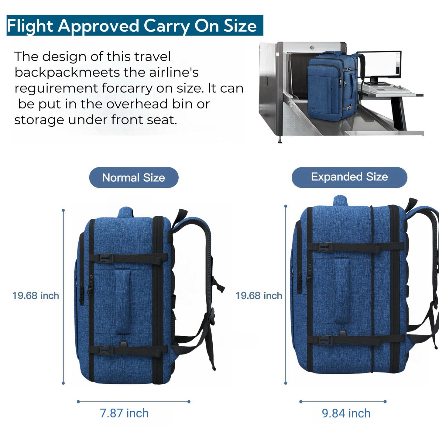 Carry On Backpack, Extra Large 50L Travel Backpack for Men & Women, Expandable Backpack For Airplanes, 17 Inch Laptop Backpack, Luggage 40L Daypack Lightweight Business Weekender Bag, Blue
