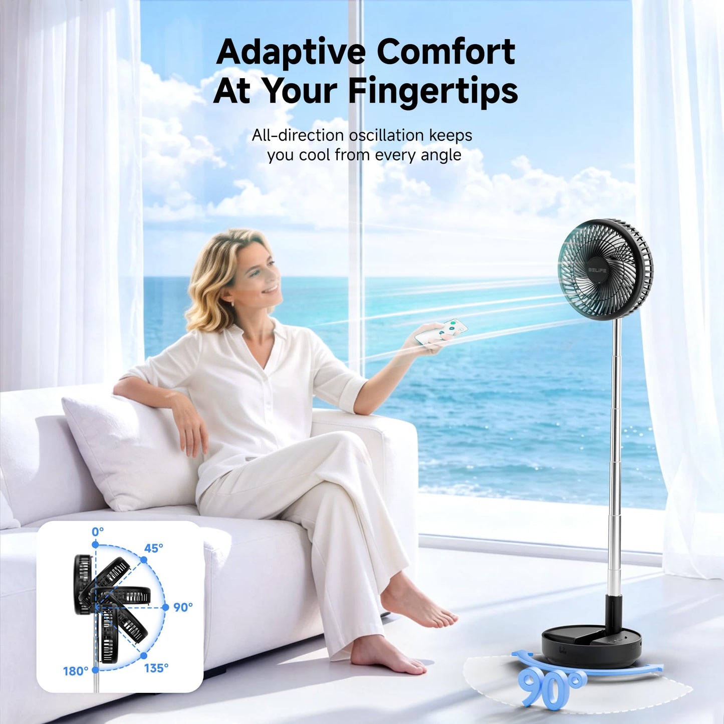 Belife X8 Portable Fan, Cordless 7200mAh Battery Operated Oscillating Fan, USB Rechargeable Desk Floor Fan with Remote, Foldable Telescopic Fan for Home Bedroom Sleeping Office Camping Travel