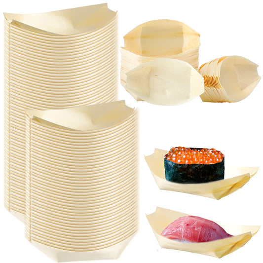 100 Pcs Bamboo Boat Plates Bamboo Appetizer Boats 5.5'' Disposable Wooden Charcuterie Small Sushi Serving Tray for Food Catering Party Home Use