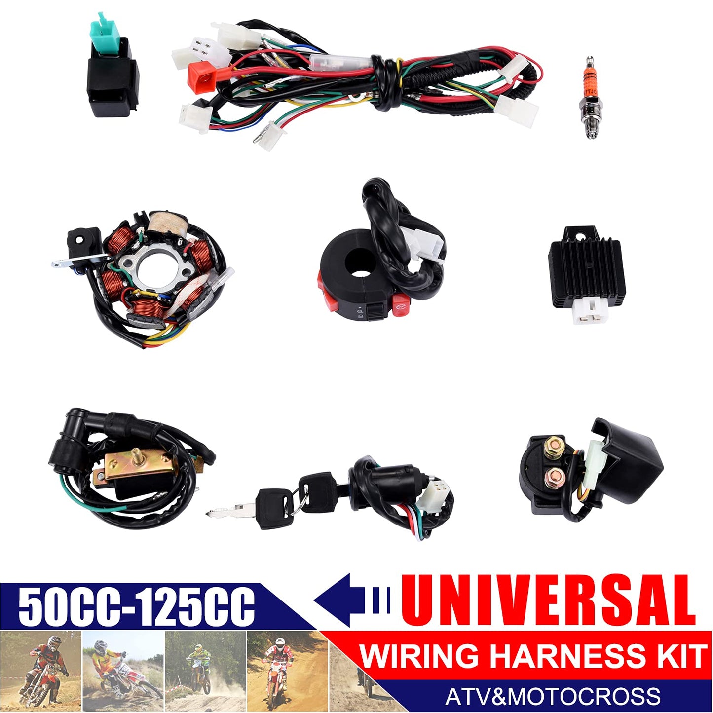 BTRLIACY Complete Electrics Stator Coil CDI Wiring Harness Spark Plug Quad Wire Harness Set for 50cc 70cc 90cc 110cc 4 Stroke ATV Bike Buggy