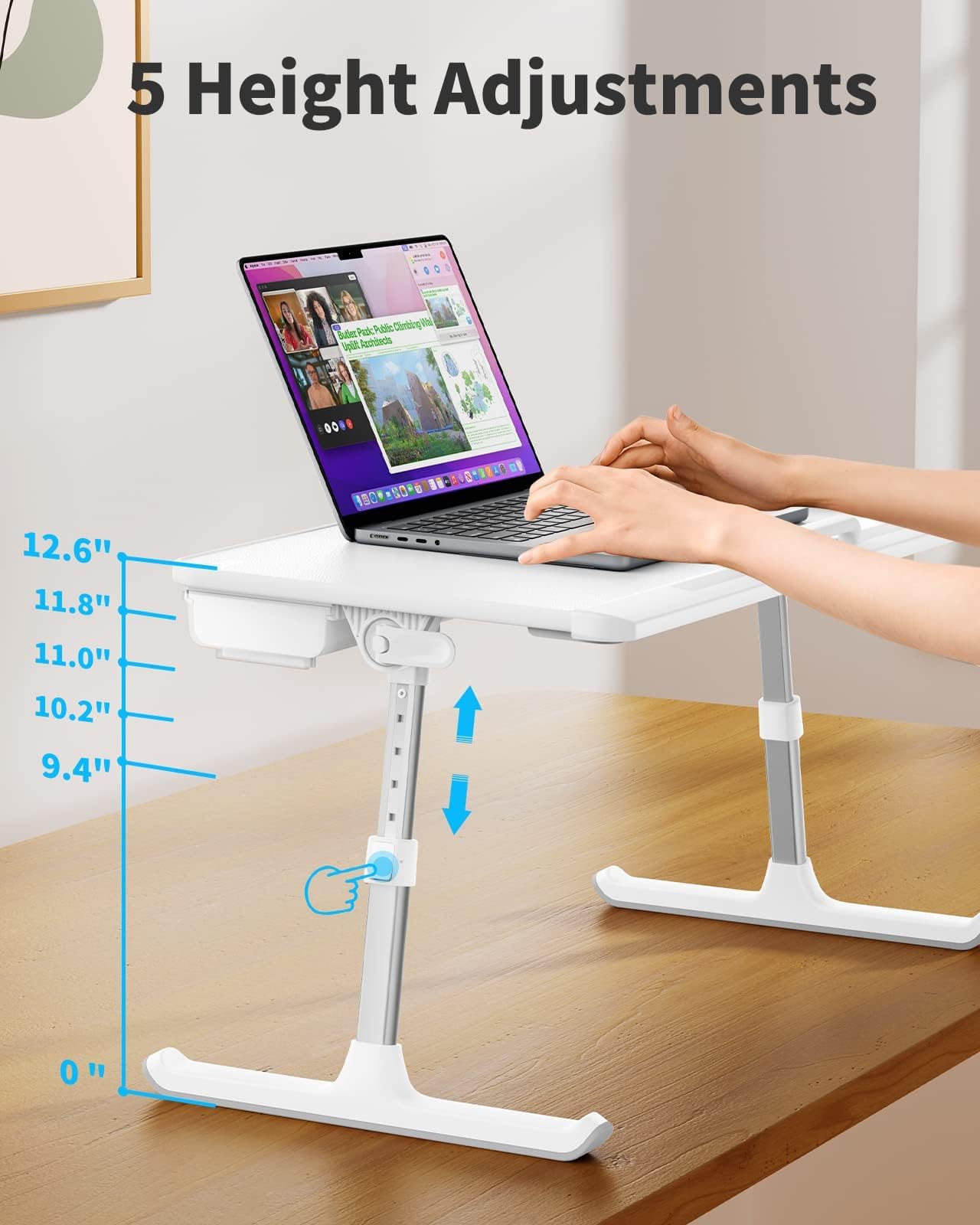 SAIJI Laptop Bed Tray Desk, Portable Table Stand with Storage Drawer, Adjustable PVC Leather, Foldable Laptop Tray for Sofa Couch Floor, 23.6 x 12.6 x 1 Inches(Large, White)
