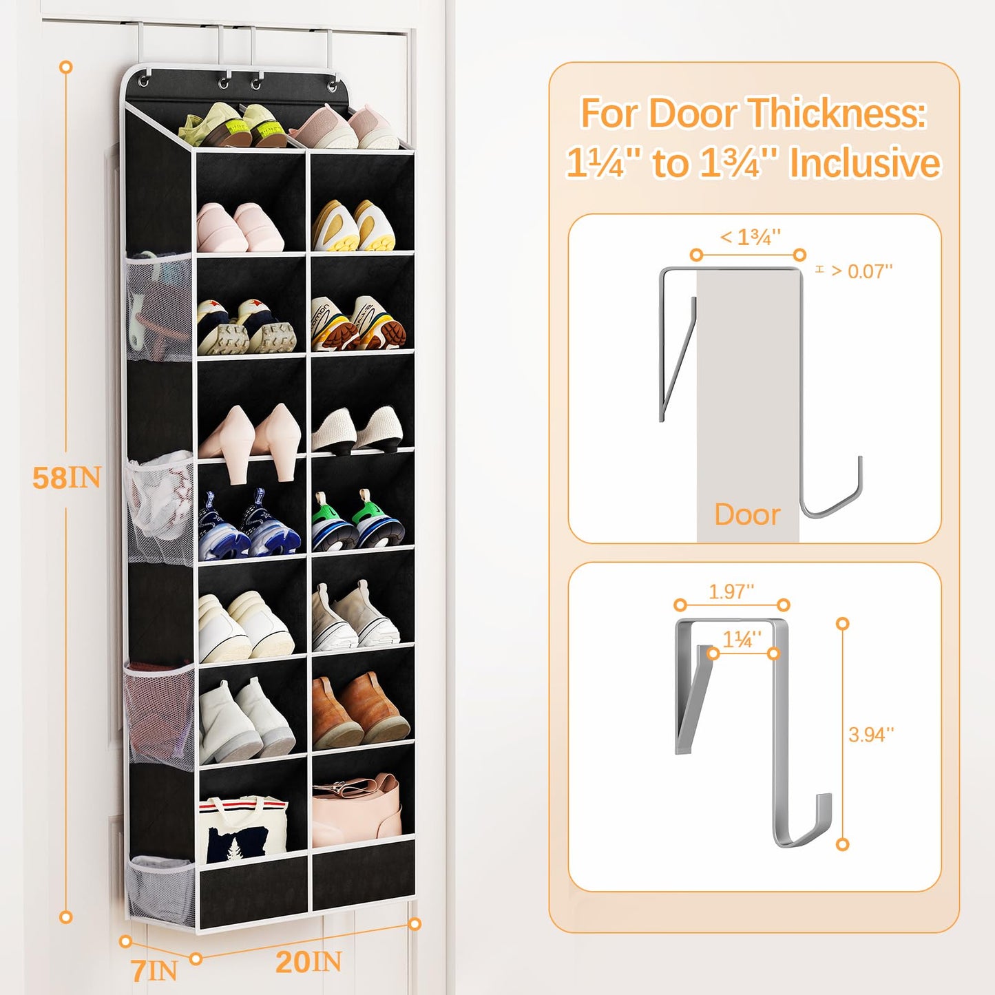 Yecaye 8 Tier Over the Door Shoe Organizer of Deep 16 Compartments, 50lbs Load Shoe Rack for Door in Oxford Holds 16-24 Pairs, Stain-Resistant Hanging Shoe Organizer for Closet, Black