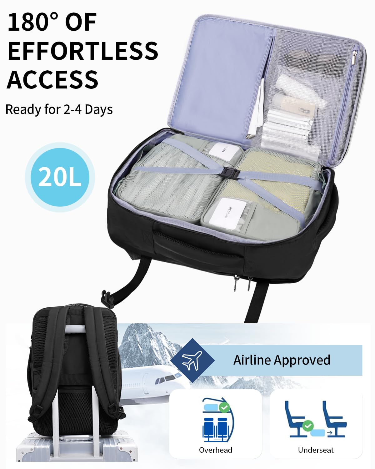 ECOHUB 17" Small Unisex Travel Backpack United Airline Approved 17x10x9 Friendly Suitcase Anti-Theft Lockable Zippers Style Personal Item Bag Travel Essentials with 12 Pockets Water Resistant, Black