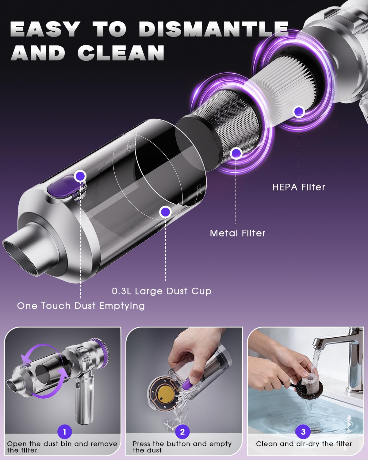 Handheld Car Vacuum Cleaner Portable Cordless Powerful 28000PA Strong Suction 4 in 1 Mini Rechargeable Lightweight Hand Held Car Vacuum with Brushless motor for Cars Home Pet Gift for women men Purple