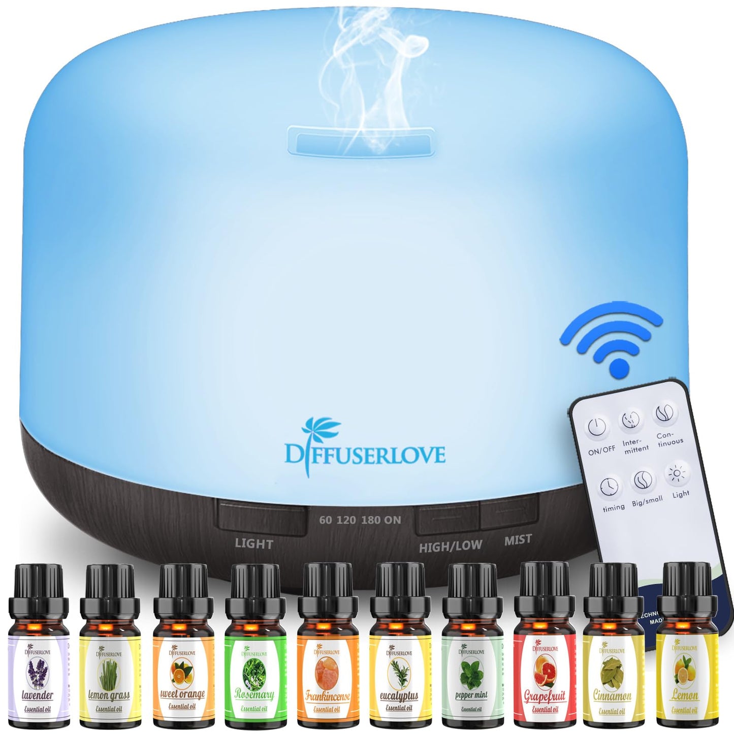 Diffuserlove Essential Oil Diffuser 500ML Aromatherapy Diffuser Mist Humidifiers 7 Color LED Lights Diffusers for Home Office Bedroom (Size:6.7" L x 6.7" W x 4.7" H)
