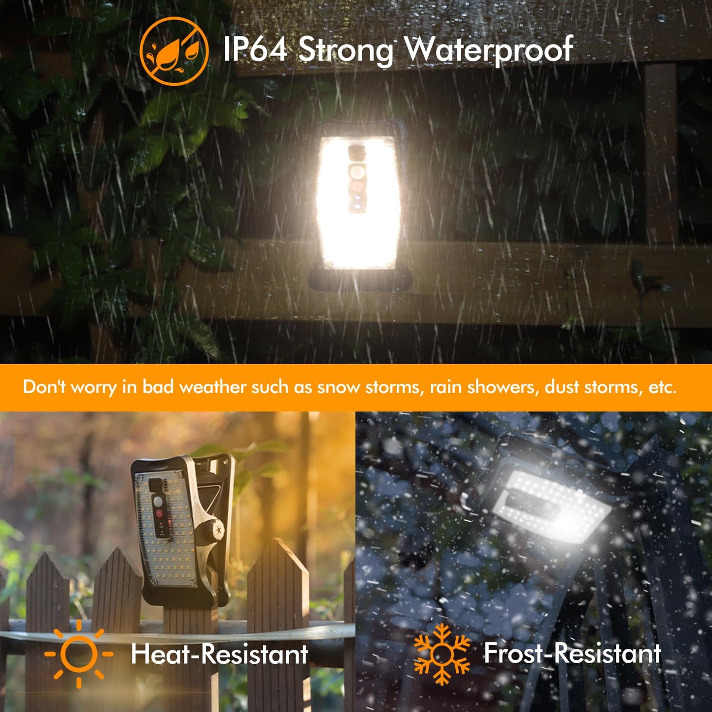 Clip On Solar Motion Lights Outdoor Waterproof, 800LM, 70 LED, 3 Color Temperature, USB & Remote Control, 2 Pack Portable Solar Powered Light Outside for Gutters Fence Garage Camping