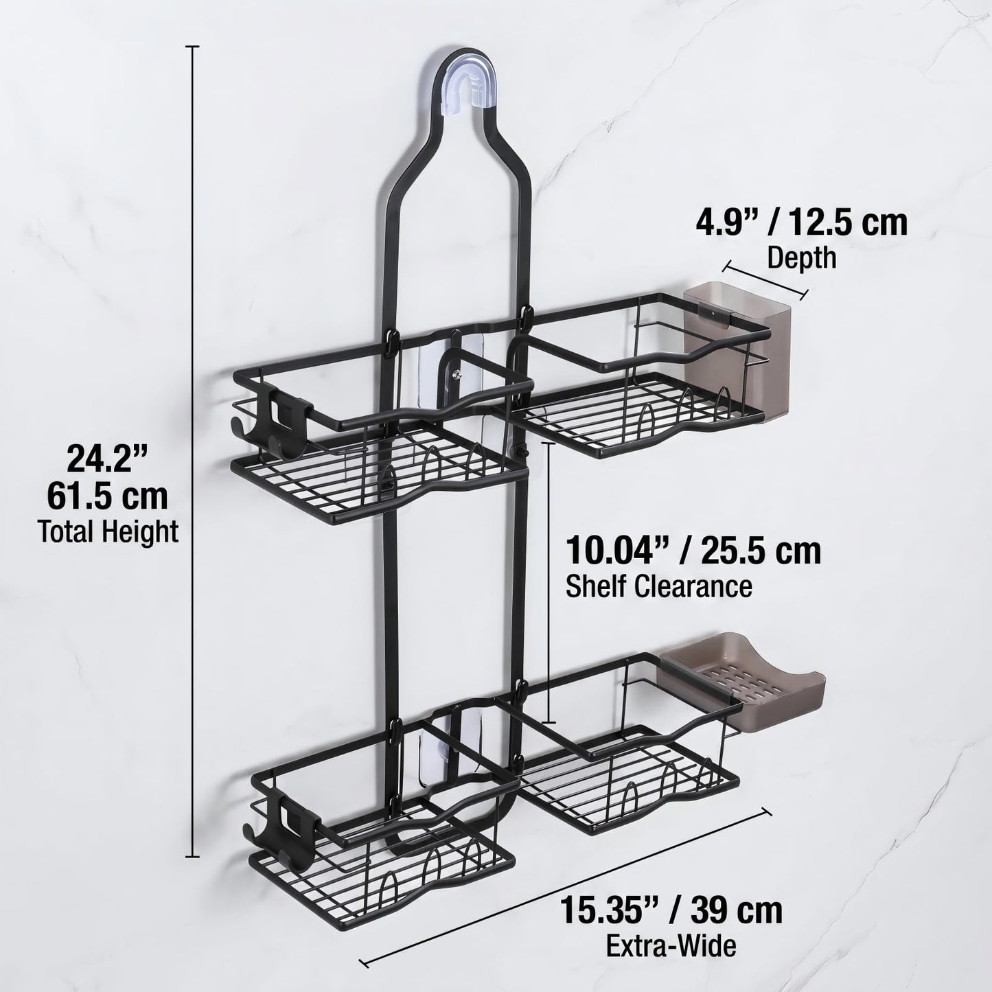 Budsun 2-Tier 15.35" Extra Wide Hanging Shower Caddy for Handheld Shower Head, Rust-Resistant No-Drill Organizer, Anti-Swing Rack, Soap Holder, 4 Adhesive Hooks, Black/Étagère de douche