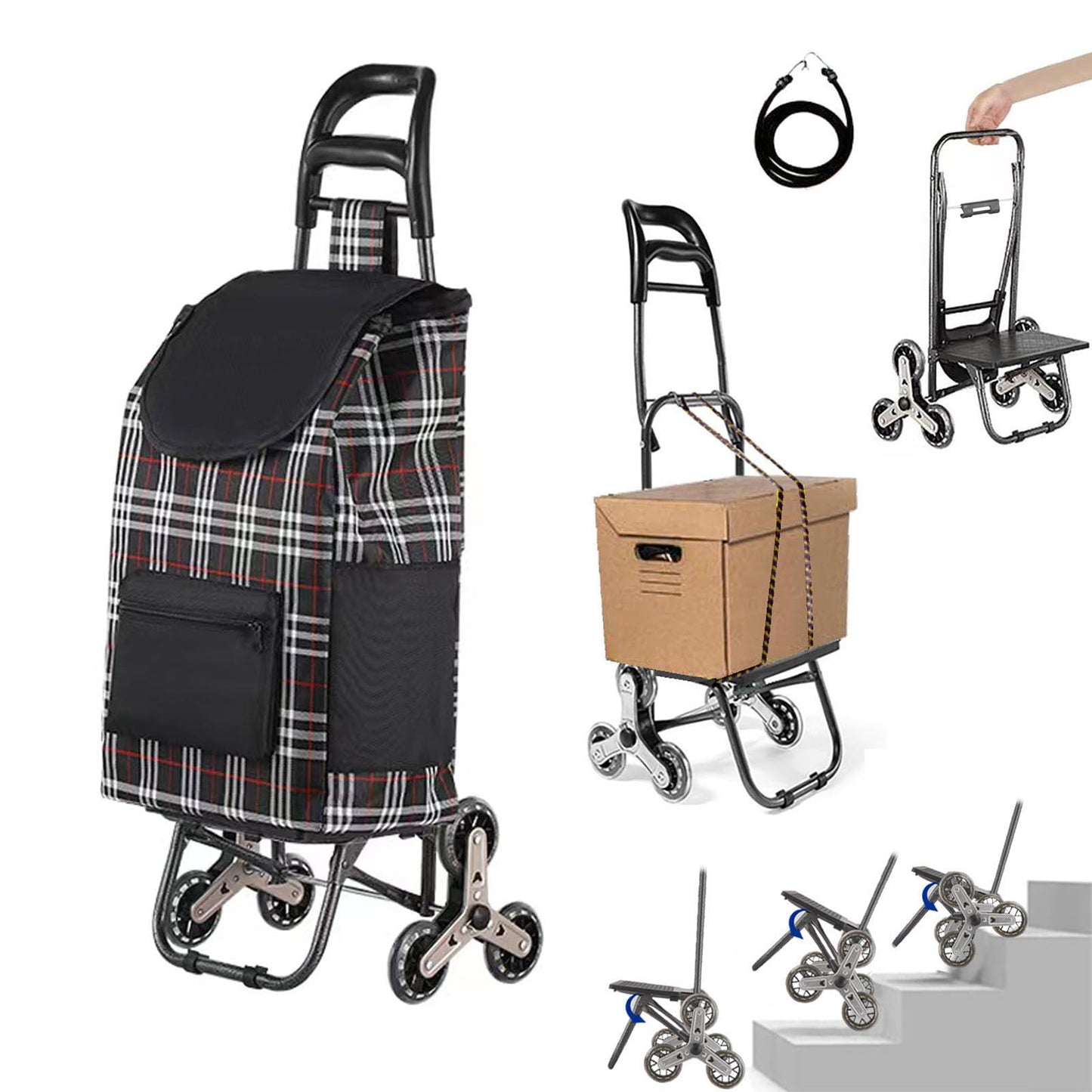 Tlingsd Folding Shopping Cart, Tri-Wheels Stair Climbing Grocery Utility Cart with Wheel Bearings Stainless Steel Frame and Detachable Waterproof Canvas Bag (Black, 6 Wheels)