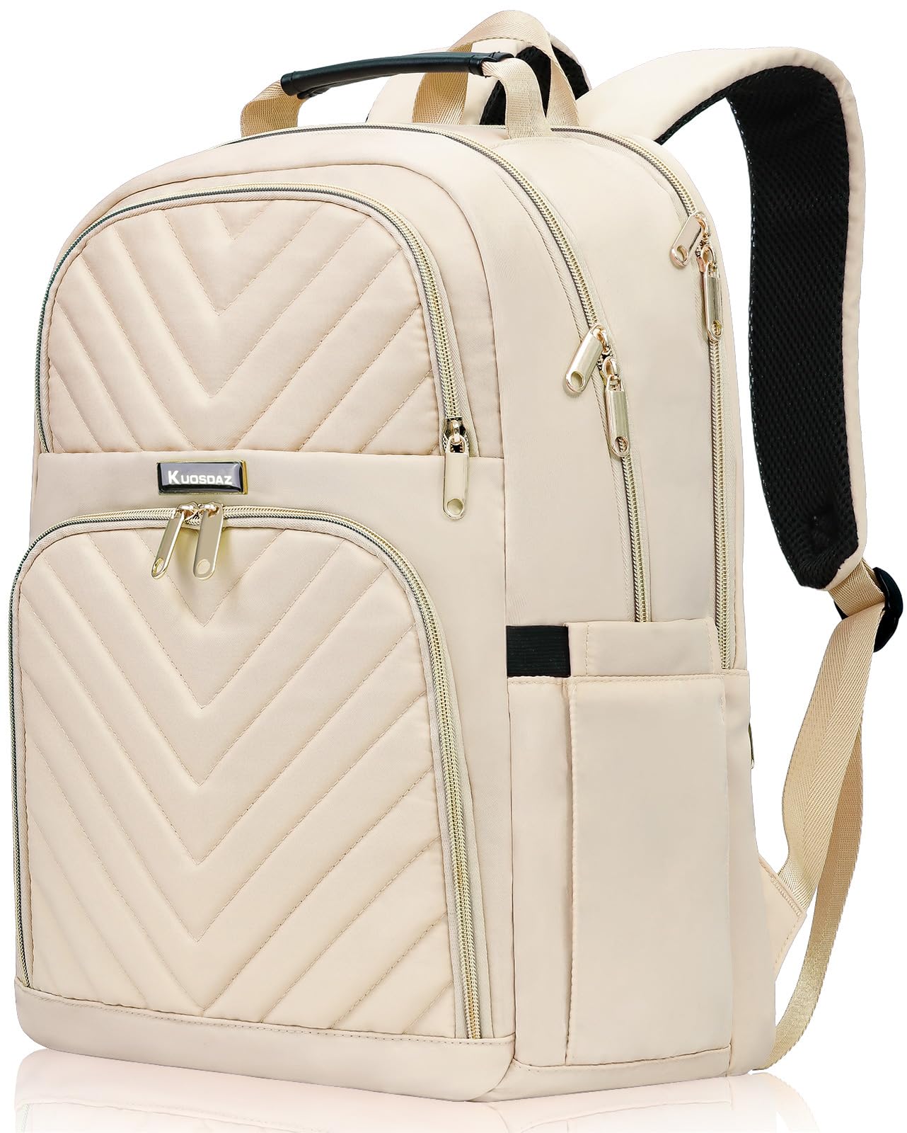 Travel Laptop Backpack for Women, School Backpack for Girls, 15.6 Inch Quilted Work Backpack Purse with USB Charging Port, Large Anti-theft Teacher Student Book Bags, Casual Daypacks, Beige