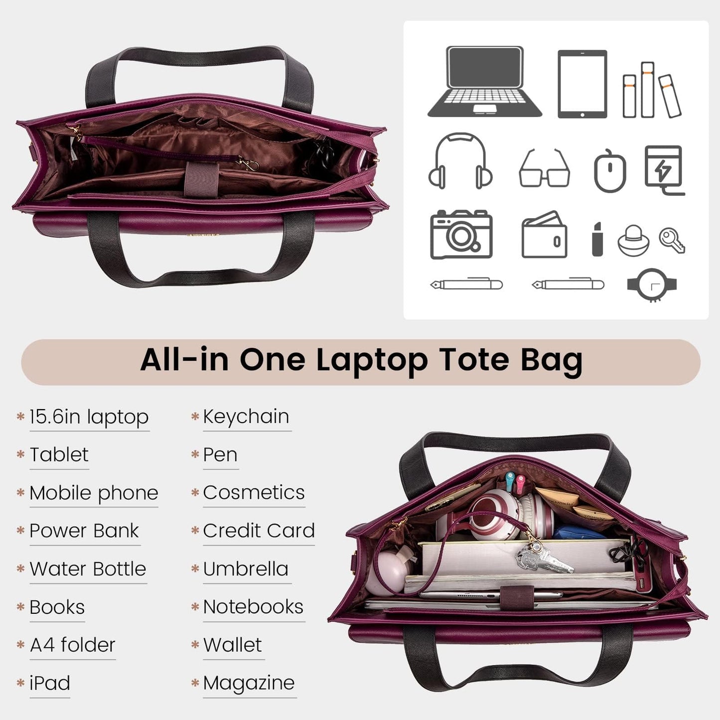 LOVEVOOK Laptop Bag for Women Leather 15.6 Inch Laptop Tote Work Bag Professional Shoulder Bag Computer Briefcase Waterproof Handbag Business Teacher Office Bag Crossbody Purse, Black-Purple
