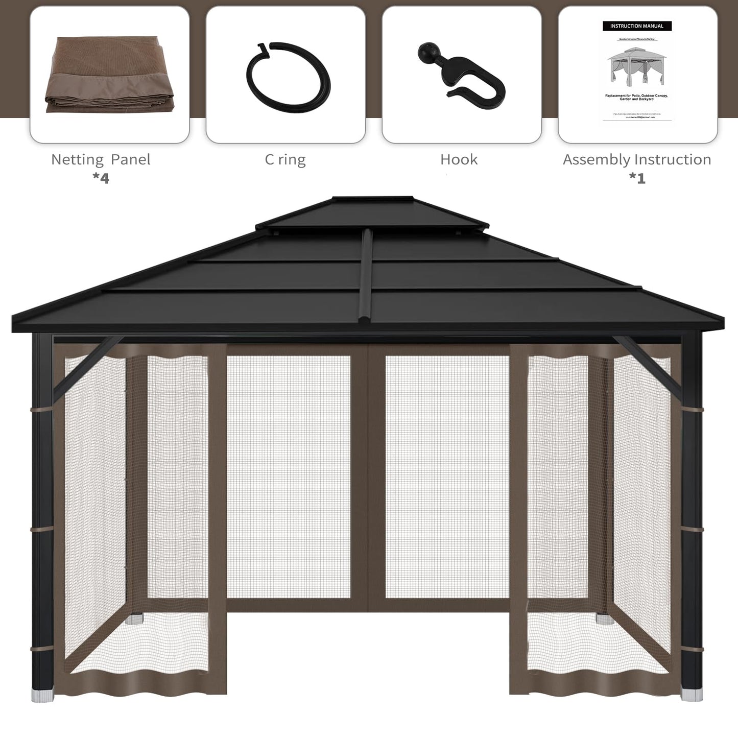 Gazebo Replacement Mosquito Netting Outdoor Universal Gazebo Canopy 4-Panels Screen Sidewalls with Zipper for Patio Garden Yard Backyard (Mosquito Net Only) (10x10, Coffee)