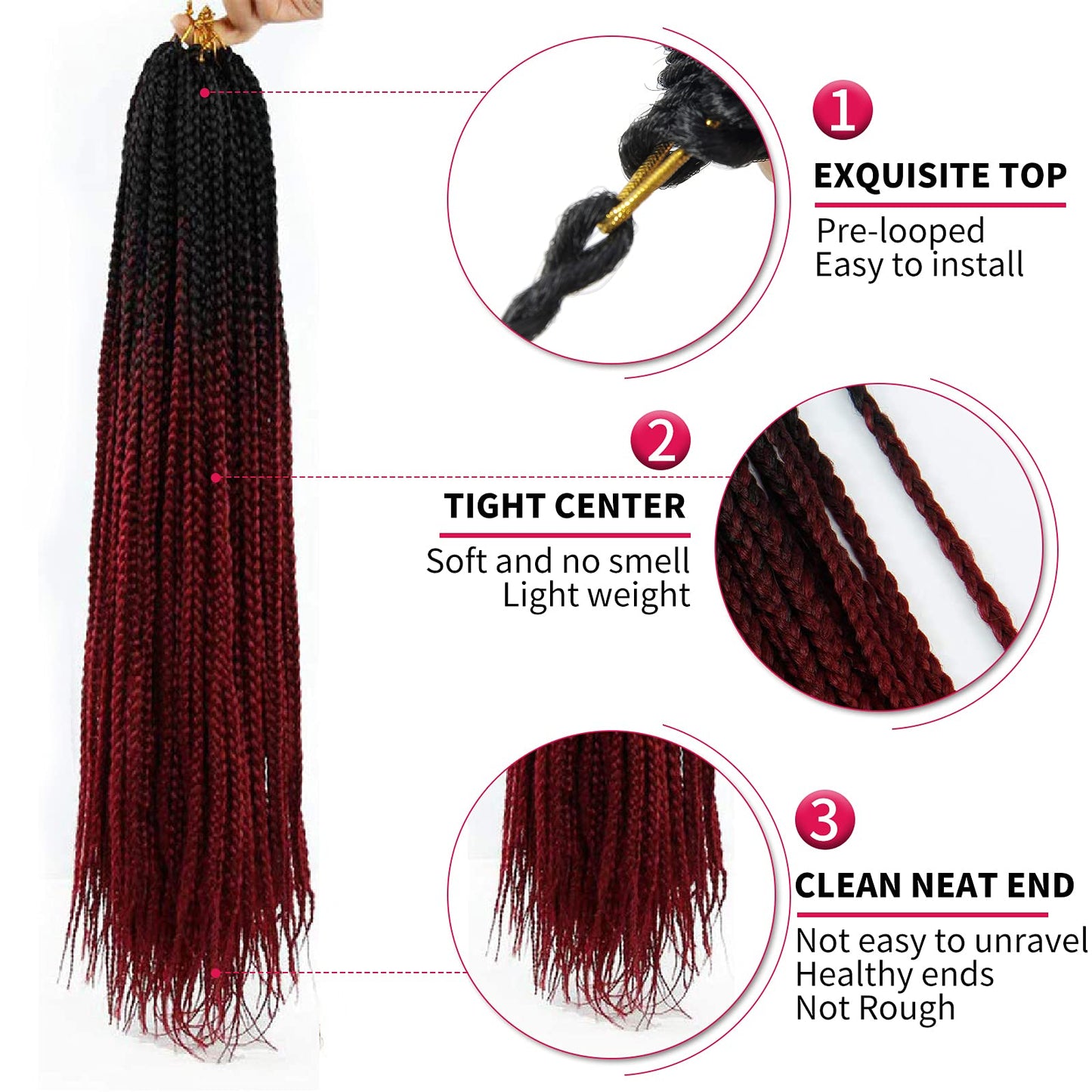 6 Packs Box Braids Crochet Hair Crochet Box Braids Pre-looped Synthetic Hair Crotchet Box Braids Hair 22 Inch (ombre wine red, 22inch)