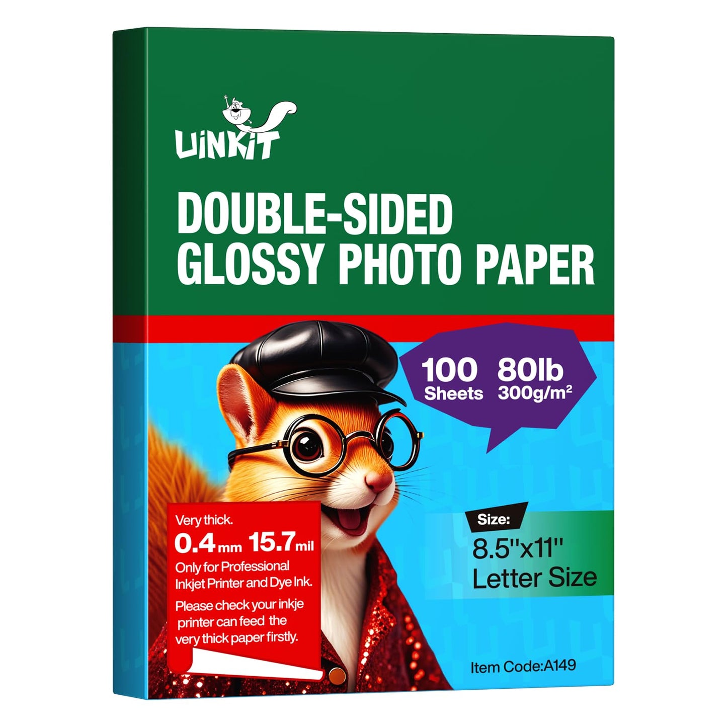 Uinkit 100 Sheets Thick Heavyweight Photo Paper Inkjet Double Sided Glossy Cardstock 80lb 300Gsm 15.7Mil for Dye Ink Printer A149