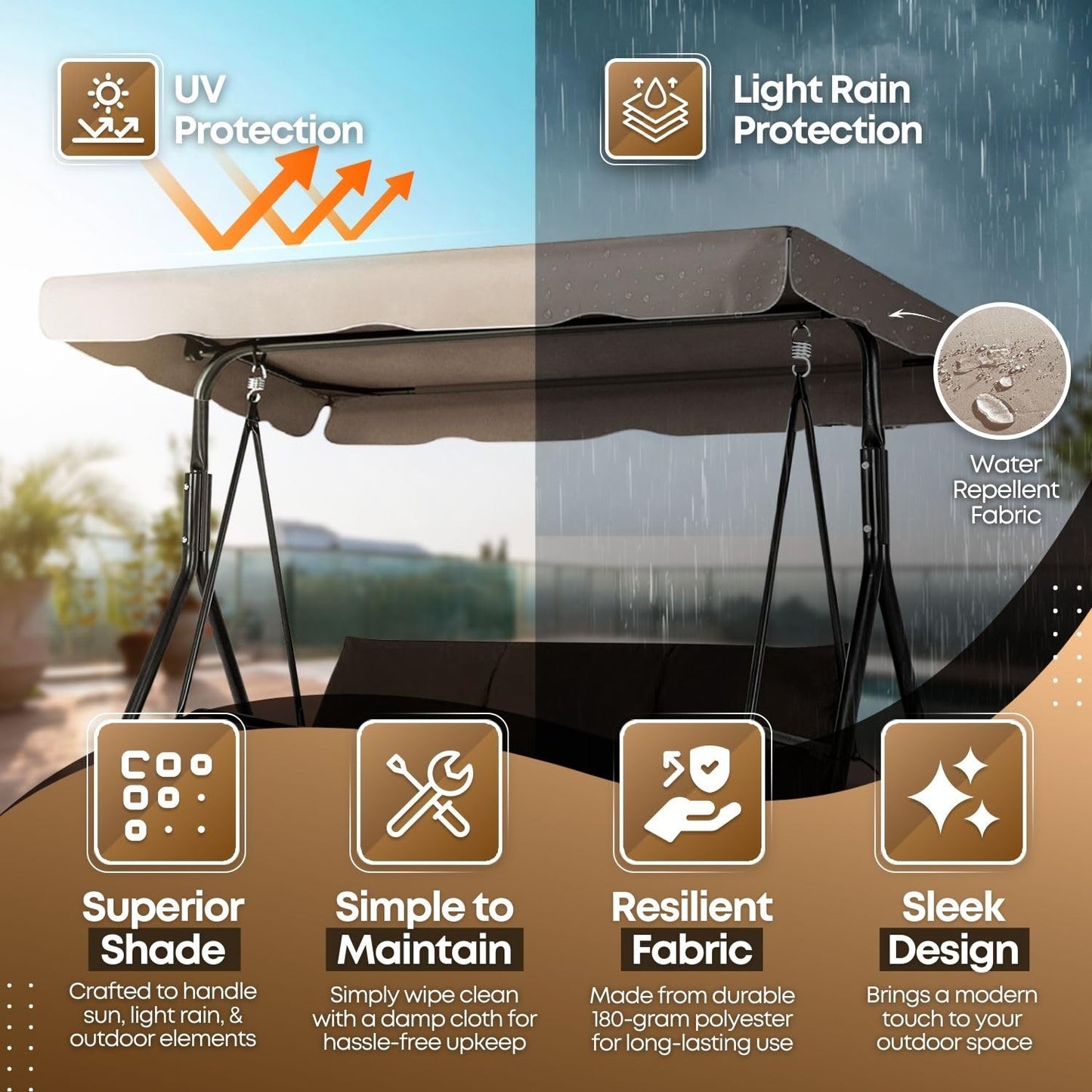 Flexzion Swing Canopy Cover (Beige) 77" x 43" - Deluxe Polyester Top Replacement UV Block Sun Shade Waterproof Decor for Outdoor Garden Patio Yard Park Porch Seat Furniture