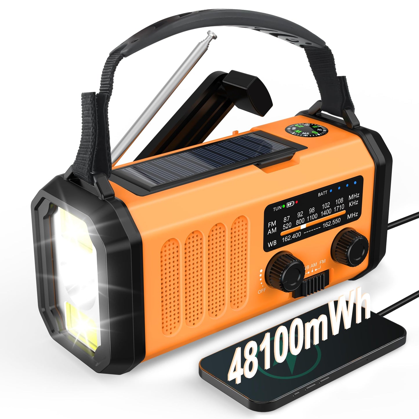 48100mWh Crank Emergency Weather Radio,Solar Hand Crank Radio,4-Way Powered Portable NOAA AM FM Radio with Phone Charger,Flashlight,Readinglamp,Compass,SOS for Outdoor Camping Hurricane Storm Survival