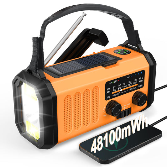 48100mWh Crank Emergency Weather Radio,Solar Hand Crank Radio,4-Way Powered Portable NOAA AM FM Radio with Phone Charger,Flashlight,Readinglamp,Compass,SOS for Outdoor Camping Hurricane Storm Survival