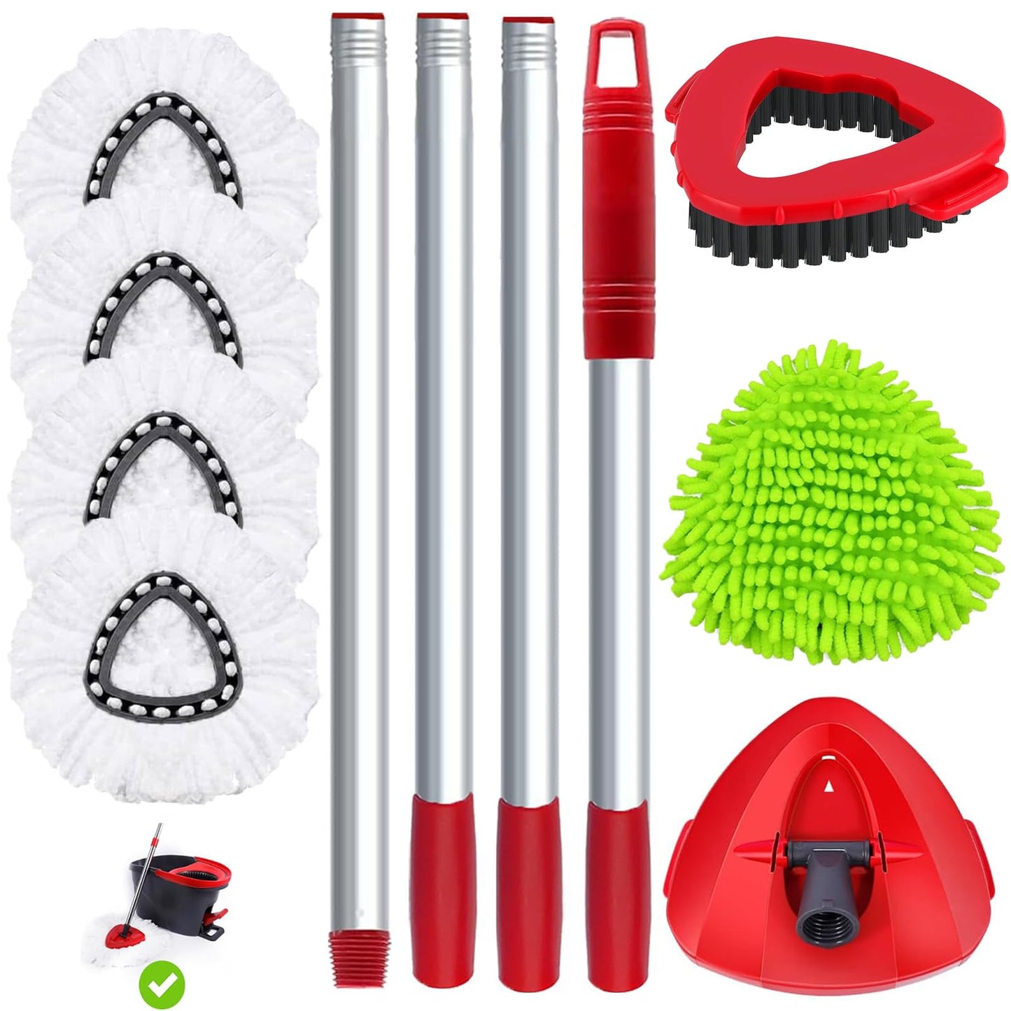 4 Spin Mop Replace Head for Vileda EasyWring 1 Tank, 30”-58" Mop Handle,Chenille&Microfiber Head Refills for Multi-Surface Floor Dry/Wet Use,Triangle Floor Base and Scrub Brush Combo Set Replacement