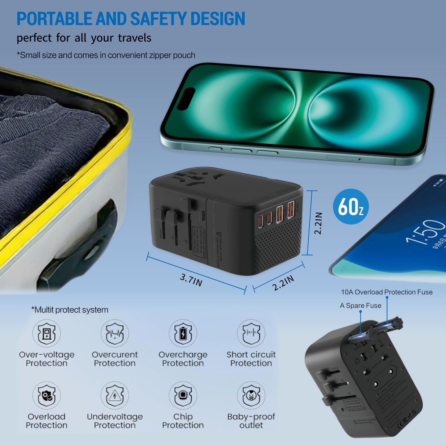 220V to 110V Converter Voltage Converter US to Europe Voltage Converter for Hair Dryer with 2 USB A and 2 USB C, European Travel Adapter Power Converter Adapter Combo from US to Italy UK AU