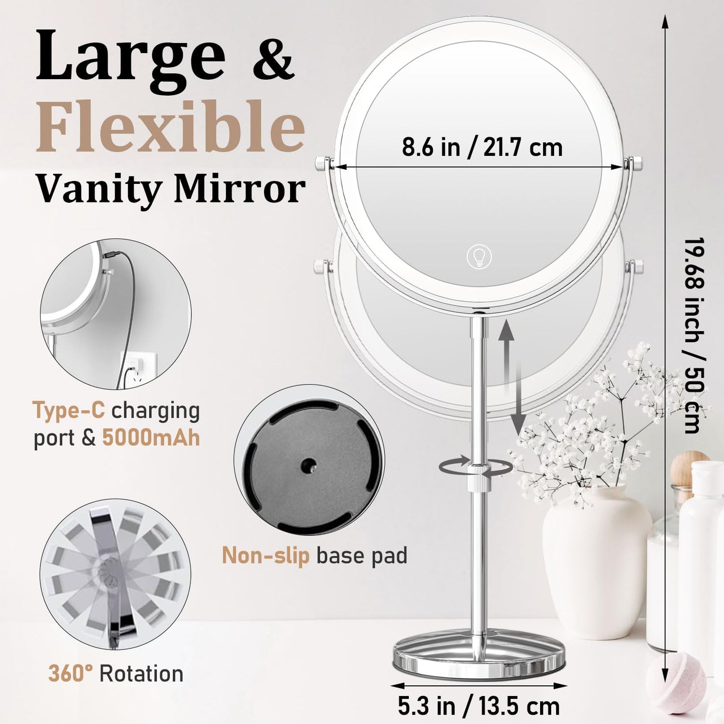 9in Vanity Mirror with Lights, Rechargeable 5000mAh Lighted Makeup Mirror, 1X/20X Double Sided Magnifying Mirror, 360° Rotate, 3 Color Lights, Brightness Adjustable with 60 LEDs,Up to 3800lux, Silvery