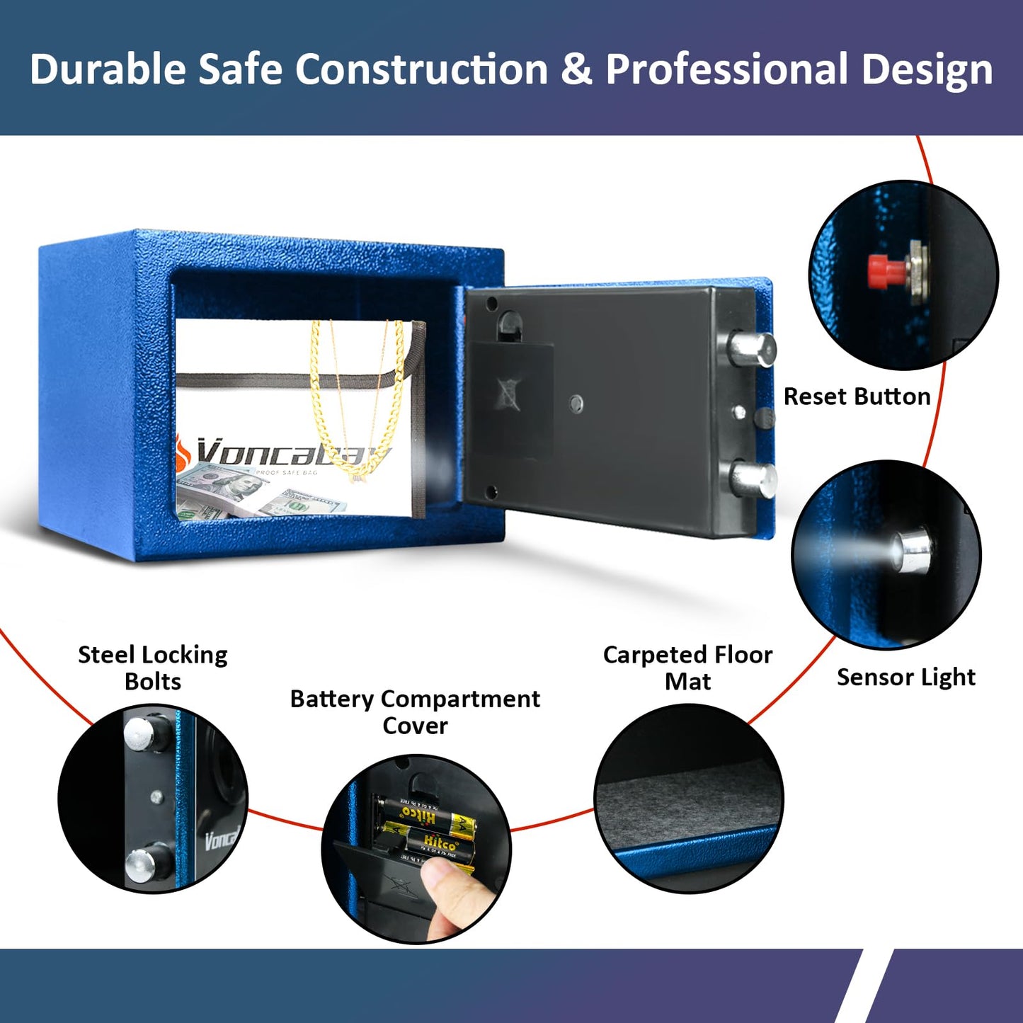 Voncabay Money Safe Box for Home with Sensor Light & Fireproof Security Safe Box for Money Safe with Keys & Pass Code, Lock Box Fireproof Safe with Digital Keypad Blue