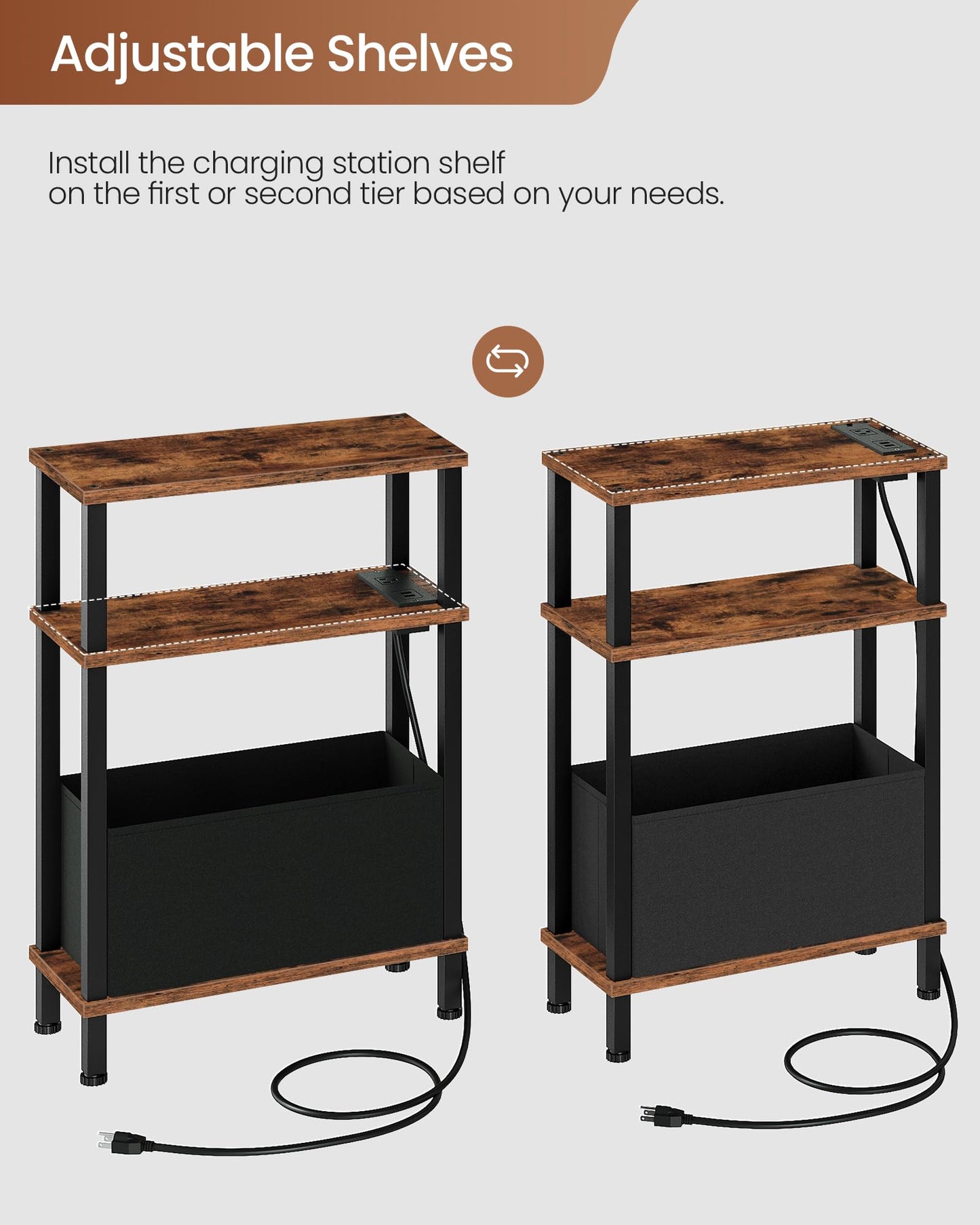 CHOEZON Narrow Side Table with Charging Station, Small End Table with Fabric Basket, Slim Nightstand for Small Spaces, Skinny Side Table, for Living Room, Bedroom, Rustic Brown and Black TBZ07UBF