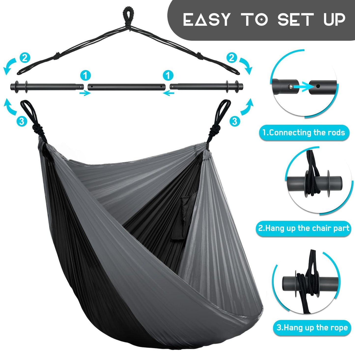 Hammock Chair Swing Chair, Hanging Chair for Outdoor Indoor, Large Lightweight Swing Chair for Adults, Portable Hammock Chair for Camping (Black, Gray)