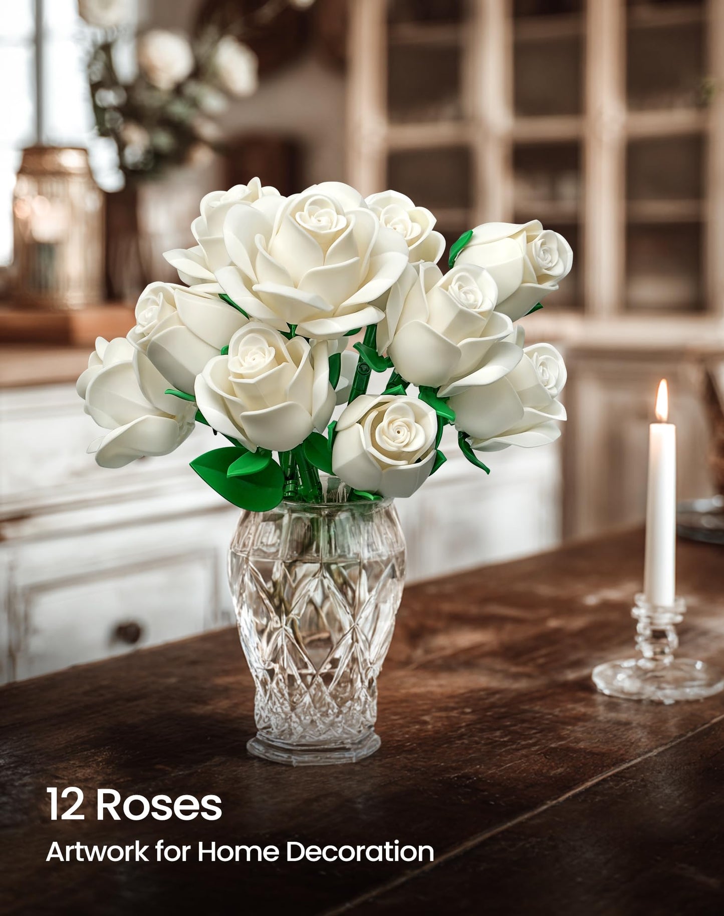 Botanicals Bouquet of White Roses Artificial Flower Building Sets,Compatible with Lego,Fake Flowers Rose Botanical Collection for Adults Women,Gift for Bride,Valentines,Halloween,Christmas Home Decor