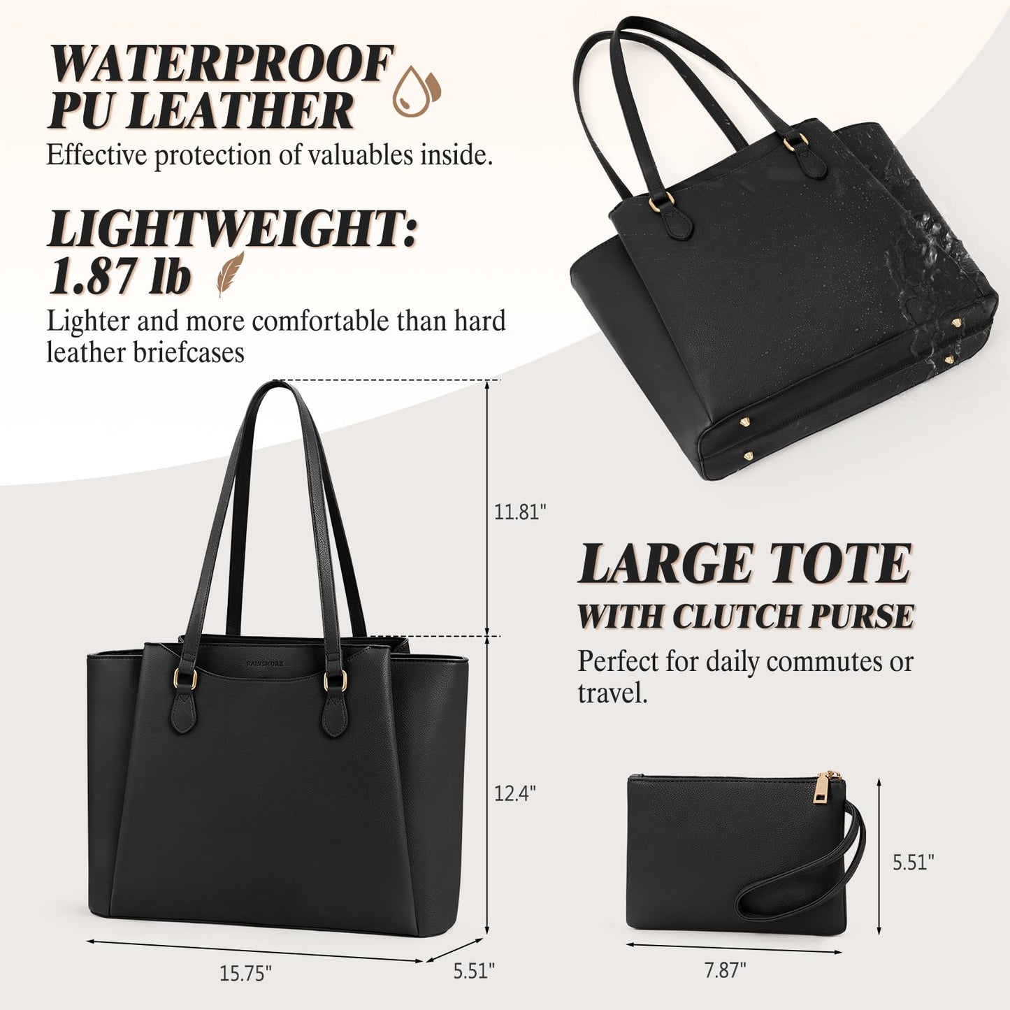 RAINSMORE Laptop Bags for Women 15.6 Inch Work Tote Bags Womens Laptop Purse Waterproof PU Leather Laptop Briefcase for Office Computer Bag Women Travel Handbag, Black