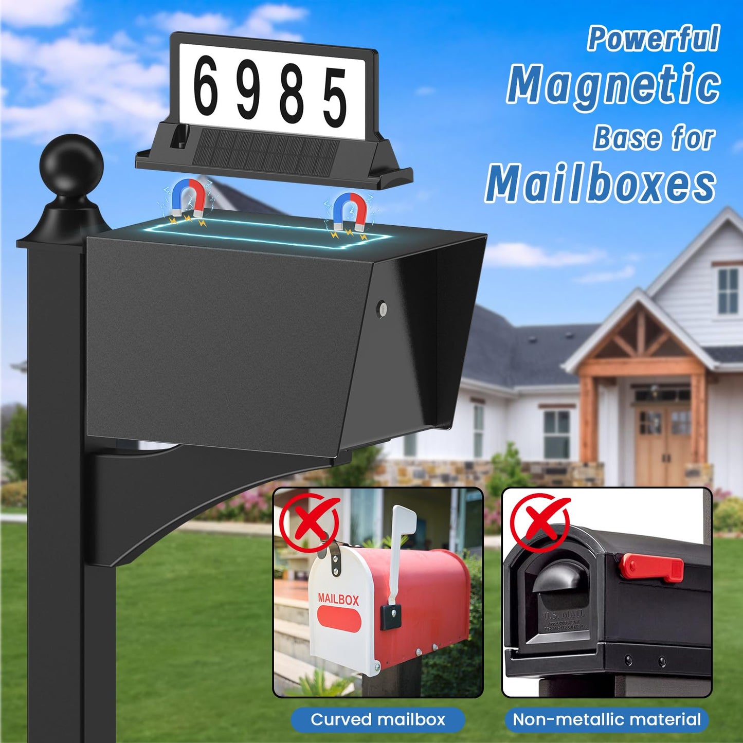 Solar Address Sign for House Numbers – Dual-Sided LED & Dual-Sided Solar Panels, 8 Color Modes, IP65 Waterproof Address Plaque, Strong Magnetic/Stake/Wall Mount, Dusk-to-Dawn for Mailbox Yard Driveway